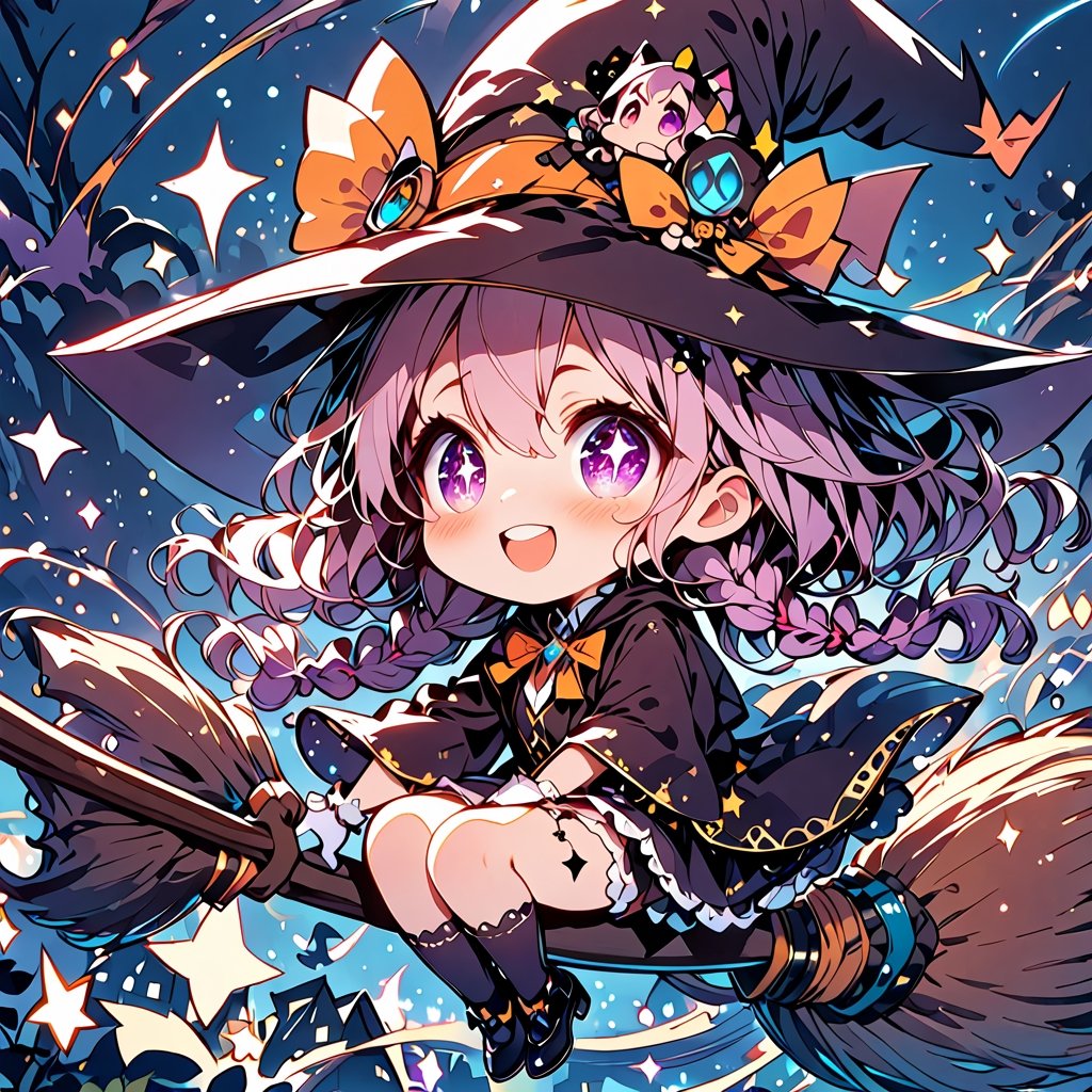 //quality, (masterpiece:1.3), (detailed), ((,best quality,)),//,illustration,//,(1girl),solo,(chibi:1.4),loli,(wizard:1.3),//,(purple hair:1.3),(twin braids:1.3),detailed eyes, purple eyes,(,glowing_eyes,sparkling_eyes:1.3),//,wizard costume,ribbons,brooch,white gloves,stockings,//,blush,smile,mouth_open,teeth,//(,astride on magic broom:1.4),//,(night:1.3),moonlight,stars,star_(symbol),firefly,magic_broom,(stickers:1.3),sticker,outline