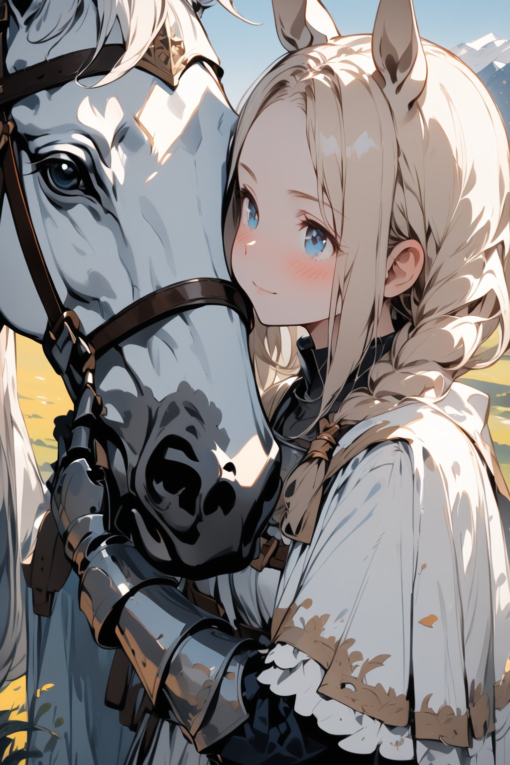 //quality, masterpiece:1.4, detailed:1.4,best quality:1.4,//,1girl,solo,royal knight,//,blonde_hair:1.3, long hair,(single braid),horse_ears,forehead,horse_tail, detailed eyes, blue eyes,//,detailed white armor,white cloak,gauntlets,leather_belt,//,blush, serious,light smile, closed_mouth,//, white horse,close-up shot of girl standing with a white horse, touching horse, ,//,nature,blue sky, mountains,Medieval,