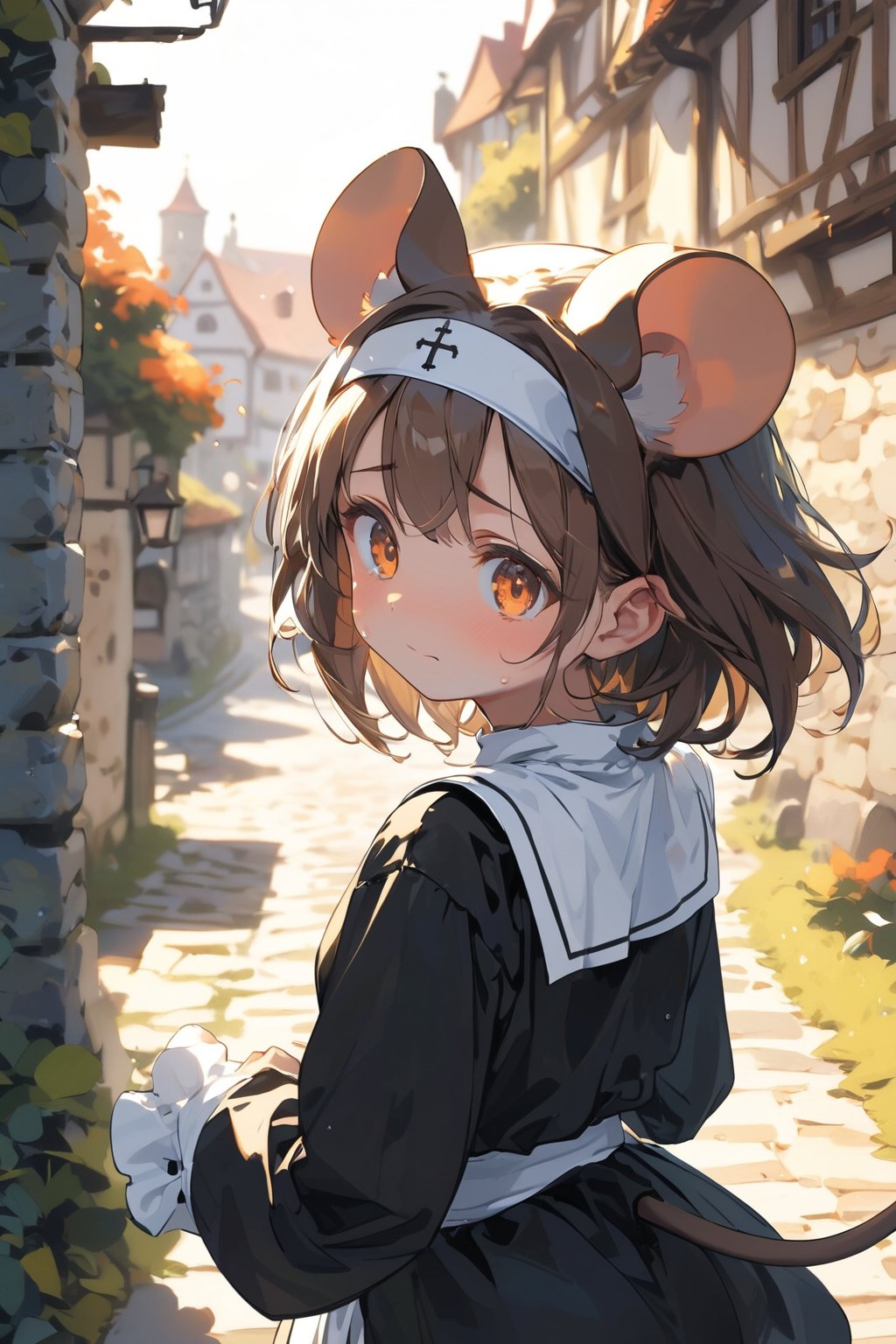 //quality, masterpiece:1.4, detailed:1.4,best quality:1.4,//,1girl,(solo),loli,//, brown mouse_ears,mouse_tail,animal ear fluff, medium hair, brown hair, orange eye,detailed eye,//,(black nun costume),//, worried, closed_mouth,sweating,sweat_drops,(looking back),looking_at_viewer, (running), shaded,hands_raised,//,against stone wall,medieval town, upper body, cowboy_shot,close-up portrait, motion_blur, blurry_background,from_behind,dal-6 style,fire, flame ,no humans background 