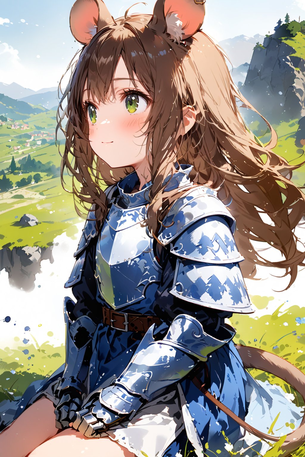 //quality, masterpiece:1.4, detailed:1.4,best quality:1.4,//,1girl,solo,loli,mouse girl,knight,//,brown mouse ears, animal ear fluff, brown mouse tail,(brown hair),long hair, messy hair,beautiful detailed eyes, (green eyes),//,(white armor), blue armor dress,leather belt,gauntlets,thigh,//,blush,light smile,looking up,looking away,cowboy shot,profile,//,sitting on grass,on mountain,//,medieval,from side,nature,ink,ink smoke,ink smoke background