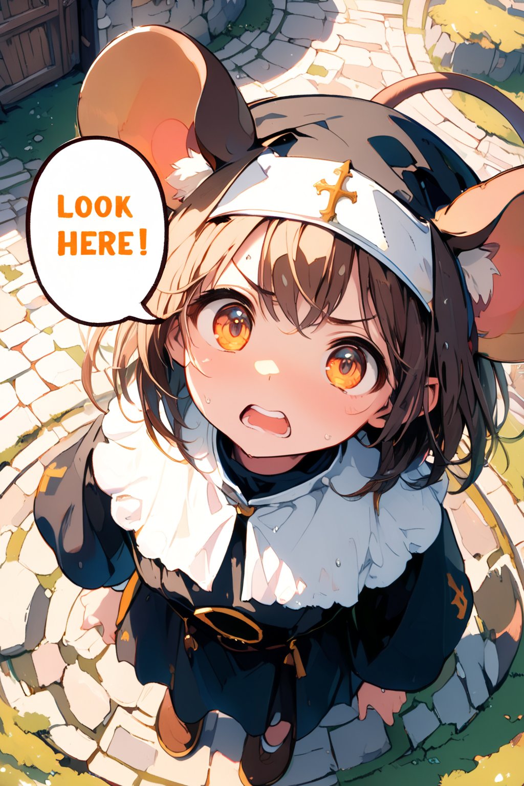 //quality, masterpiece:1.4, detailed:1.4,best quality:1.4,//,1girl,(solo),loli,//, brown mouse_ears,mouse_tail,animal ear fluff, medium hair, brown hair, detailed eyes, orange eyes,//,(black nun costume),//,sweat_drop,sweaty,mouth open,teeth,angry, serious, close-up, (from_above),aerial_view,hand_raised,index_finger_raised,//,medieval,stone floor, fisheye lens,solo focus,no humans background,(((speech bubble with Title text reads as "LOOK HERE!!")))