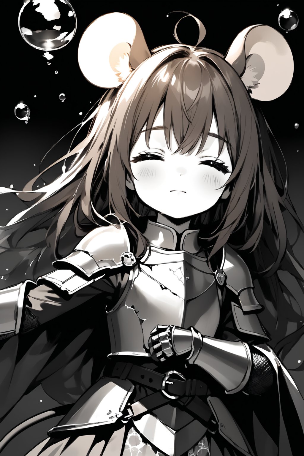 //quality, masterpiece:1.4, detailed:1.4,best quality:1.4,//,1girl,solo,knight,loli,//,mouse ears,mouse tail, long hair, messy hair, brown hair,//,armor, cracked armor, broken armor,armor dress,leather belt,gauntlets,//,(closed eyes),sleep,close up portrait,aerial view,from above, upper body, straight-on, one arm up,(arms_outstretched), lying down,(under water),bubbles,closed mouth,water,(Gray scale),(Monochrome),black background, simple background, dark background,ink,ink paint,