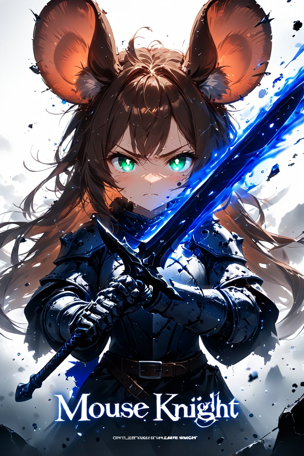 //quality, masterpiece:1.4, detailed:1.4,best quality:1.4,//,1girl,solo,mouse girl,//,brown mouse ears, animal ear fluff, brown mouse ,brown hair,long hair, messy hair, green eyes,glowing eyes,//,white armor, cracked armor, broken armor,leather belt,gauntlets,//,dirty face,sweaty,angry,serious,looking_at_viewer,//,pov sword,((hands holding sword)),magic sword,light particles,(glowing sword),blue glowing sword,arm up,//,upper body,flying debris,blurry background,sky,straight-on,close-up shot,high contrast,blue vfx, full vfx, ink,smoke,blue ink,Movie Poster,MoviePosterAF, ,(((,title text "MOUSE KNIGHT")))