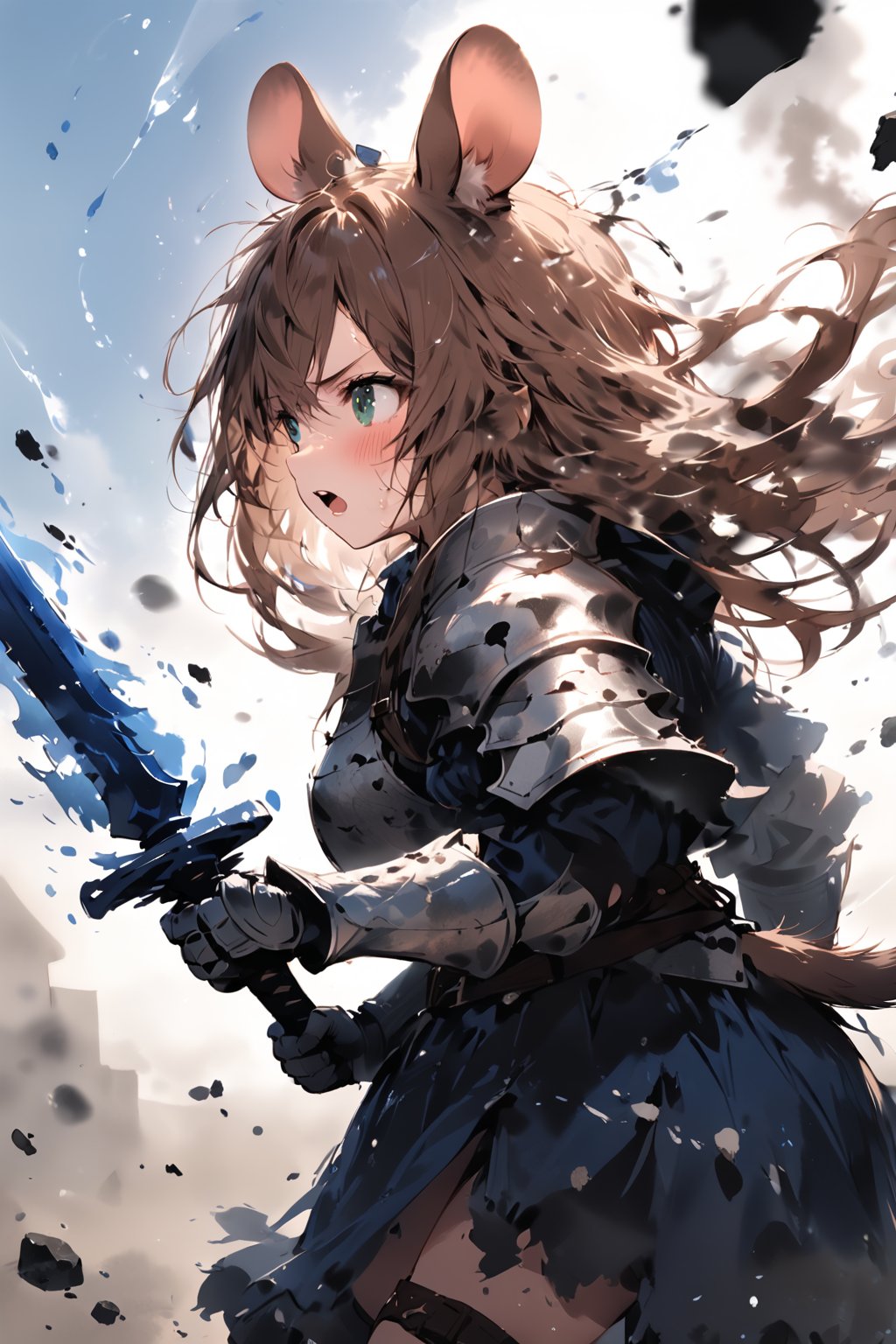 //quality, masterpiece:1.4, detailed:1.4,best quality:1.4,//,1girl,solo,mouse girl,knight,//,brown mouse ears, animal ear fluff, brown mouse tail,brown hair,long hair, messy hair, green eyes,//,white armor, cracked armor, broken armor,leather belt,gauntlets,thigh,//,dirty face, injured,wounded face,sweaty,angry,blush,serious,looking away,mouth open,upper teeth, screaming,//,((hands holding sword)),magic sword,light particles,(glowing sword),blue glowing sword,arm up,battle,on sky,(jumping),leg up,(knee up),//,motion blur,blurry background,motion line,motion effect,close-up,upper body,profile,(from side),blue sky,smoke surrounding the girl,smoke background, medieval town, simple background,flying debris,ink,smoke,blue ink smoke,ink smoke background,ink paint