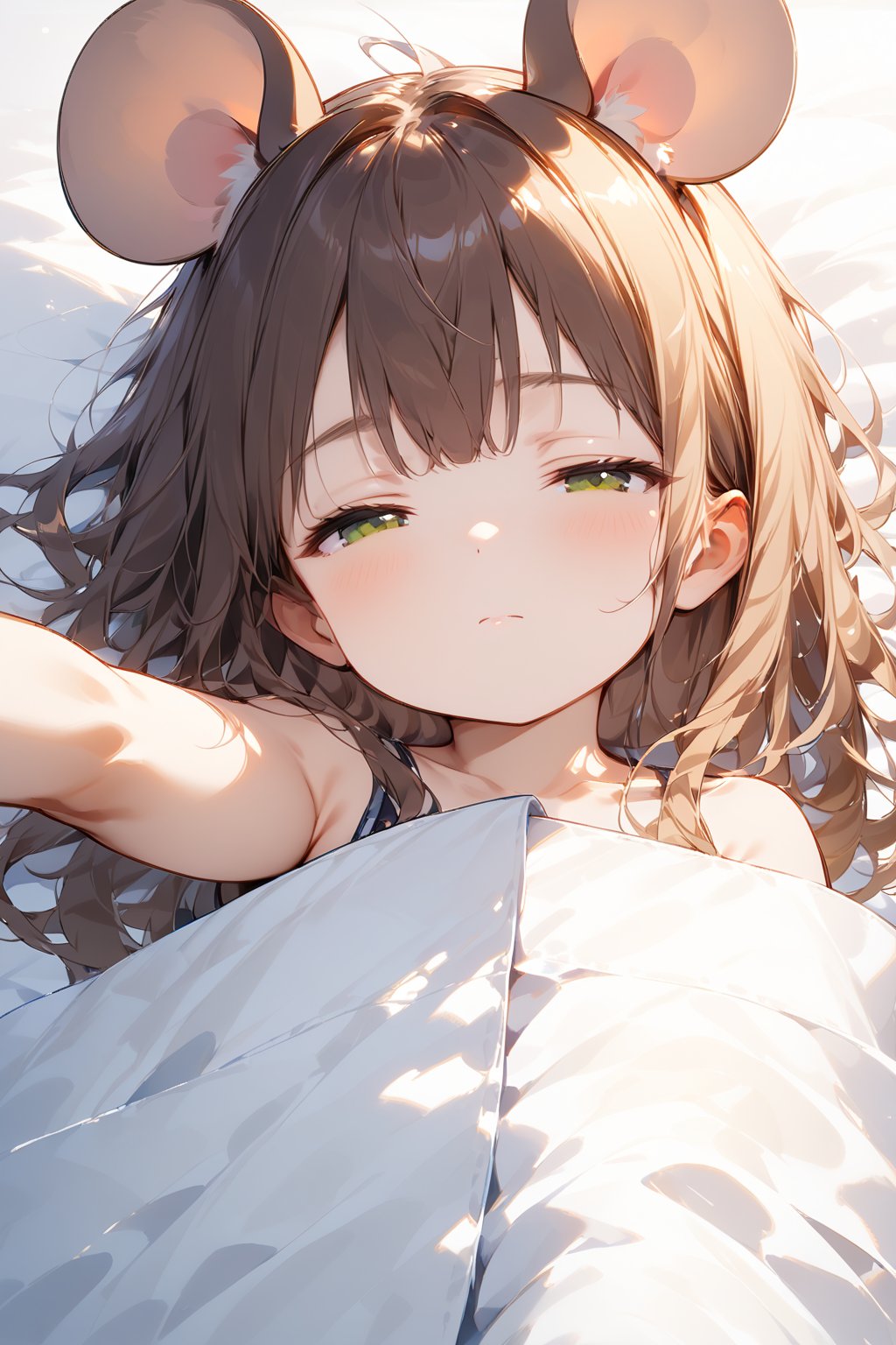 //quality, masterpiece:1.4, detailed:1.4,best quality:1.4,//,1girl,solo,loli,//,mouse ears, long hair, messy hair, brown hair,//,covering blanket,under blanket,//,(eyes half closed),green eye,(sleepy),close up,upper body,aerial view,from above, upper body, straight-on, (one arm up),((arm_outstretched)),lying down,(on bed),blanket,closed mouth,indoors, pillow, under covers,(medieval),pov girl hand, pov hands, solo focus,holding hands, ou