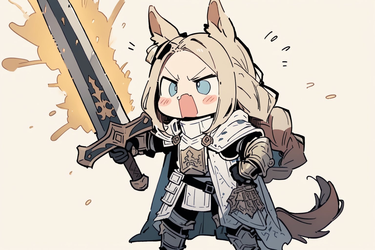 //quality, masterpiece:1.4, detailed:1.4, ,best quality:1.4,//,1girl,(doodle style),knight,//,blonde_hair:1.3, long hair,(single braid),horse_ears,forehead,horse_tail, blue eyes,//,detailed white armor,white cloak,gauntlets,leather_belt,//,angry, mouth_open,//,holding sword, battle stance,raised arms,//, simple_background,white background,doodleredm,cute knight,