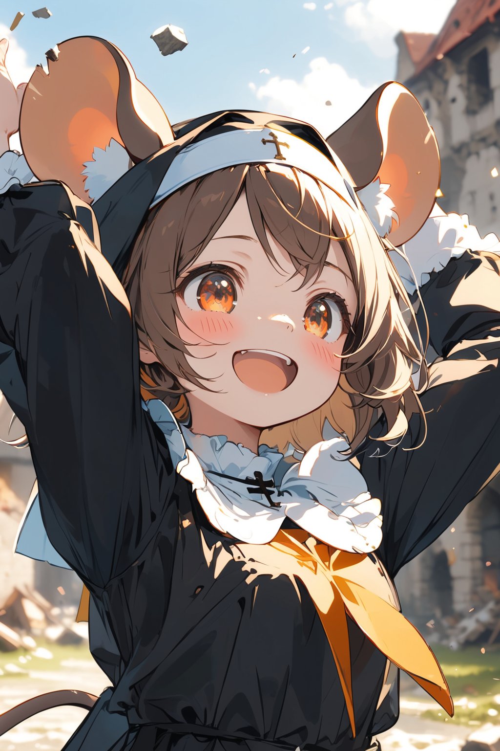 //quality, masterpiece:1.4, detailed:1.4,best quality:1.4,//,1girl,(solo),loli,//, brown mouse_ears,mouse_tail,animal ear fluff, medium hair, brown hair, (orange eyes),//,(black nun costume),long sleeves,//,blush, happy, smiling ,mouth_open, upper_teeth, (close-up portrait),arms_up, arms_raised,//, medieval,destruction, destroyed building, (blurry background),dal-6 style, blue shy