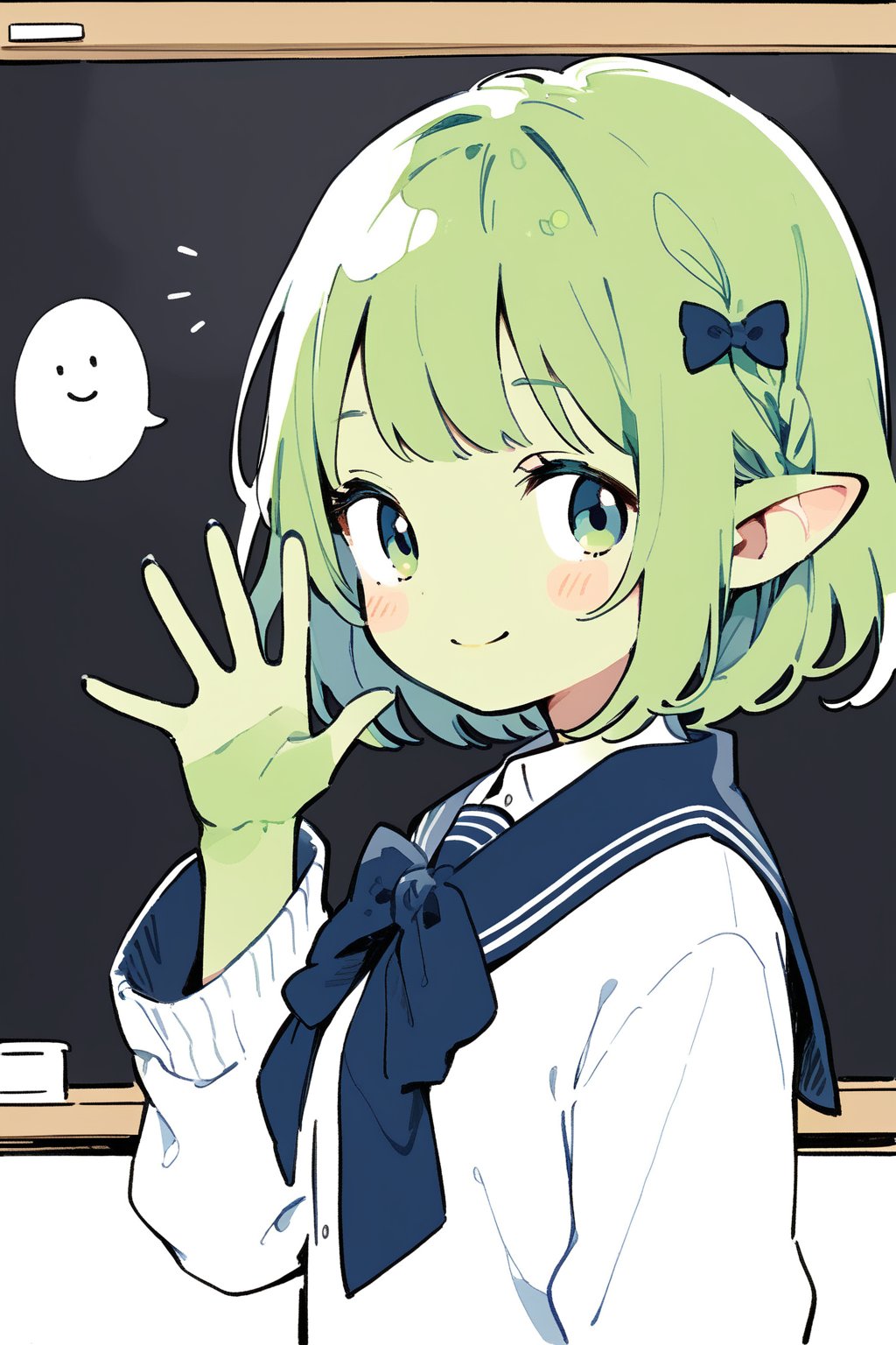 //quality, masterpiece:1.4, detailed:1.4,best quality:1.4,//,(doodle style),//,goblin,pointed_ears,(((green skin))),1girl,solo,sidelocks,green hair, medium_hair, straight_hair, blue_eyes,//,darkblue school_uniform,bow,//,waving,smile,//, straight-on, blackboard,cute comic,
