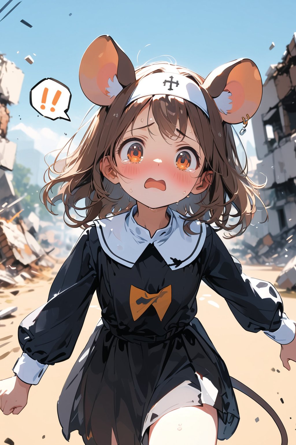 //quality, masterpiece:1.4, detailed:1.4,best quality:1.4,//,1girl,solo,loli,//, brown mouse_ears,mouse_tail,animal ear fluff, medium hair, brown hair, (orange eyes),//,(black nun costume),long sleeves,//,blush, sweat_drop,sweaty,worried, tearing up,fists,(running),straight-on,!,!!,(spoken exclamation_mark),//,close-up,cowboy_shot,destruction,(blurry background),dal-6 style, blue sky