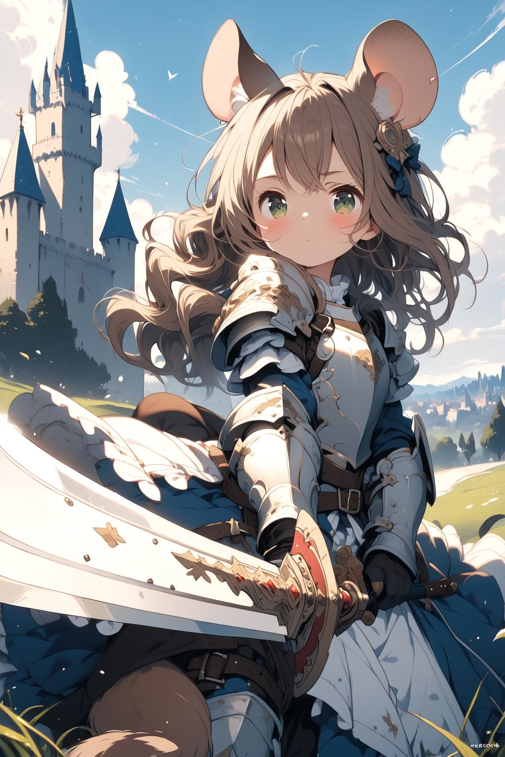 //quality, masterpiece:1.4, detailed:1.4,best quality:1.4,//,1girl,(solo),loli,mouse girl,knight,//,brown mouse ears, animal ear fluff,mouse tail,brown hair,(long hair),wavy hair,bangs,beautiful detailed eyes, light green eyes,glowing eyes,flat chest,//,(white armor),leather belt,armored dress,gauntlets,//,blush,serious,closed mouth,//,(holding sword),//, outdoor, day, blue sky, scenery, castle, Medieval, //,brave perspective, pov sword