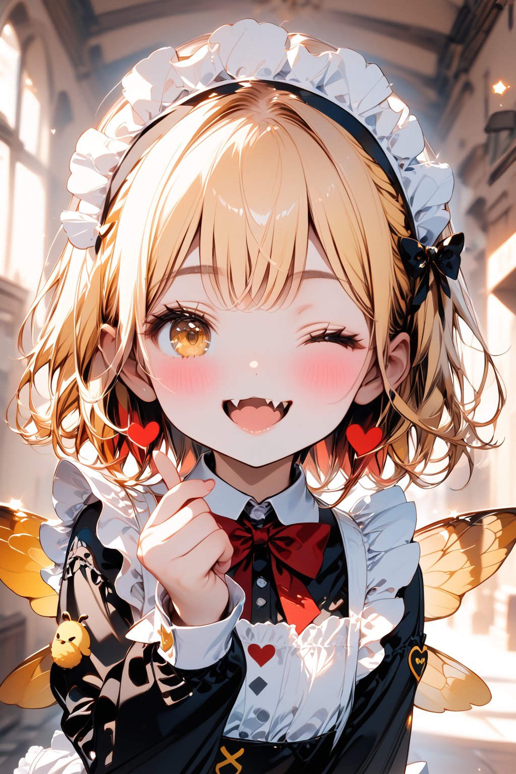 //quality, masterpiece:1.4, detailed:1.4, best quality:1.4,//,1girl,solo,loli,//,yellow hair,short_hair,yellow eye,one_eye_closed,(winking),//,bee_wings,bow,maid headband,hearts_symbols,white maid_costume with hearts_symbols,long_sleeves,white gloves,//, blush,mouth_open,smile,cute_fangs,//, walking,//,indoors,hallway,Deformed,Details,Detailed Masterpiece,blurry_background, close-up portrait,hand focus,perfect finger,(finger heart),double finger heart