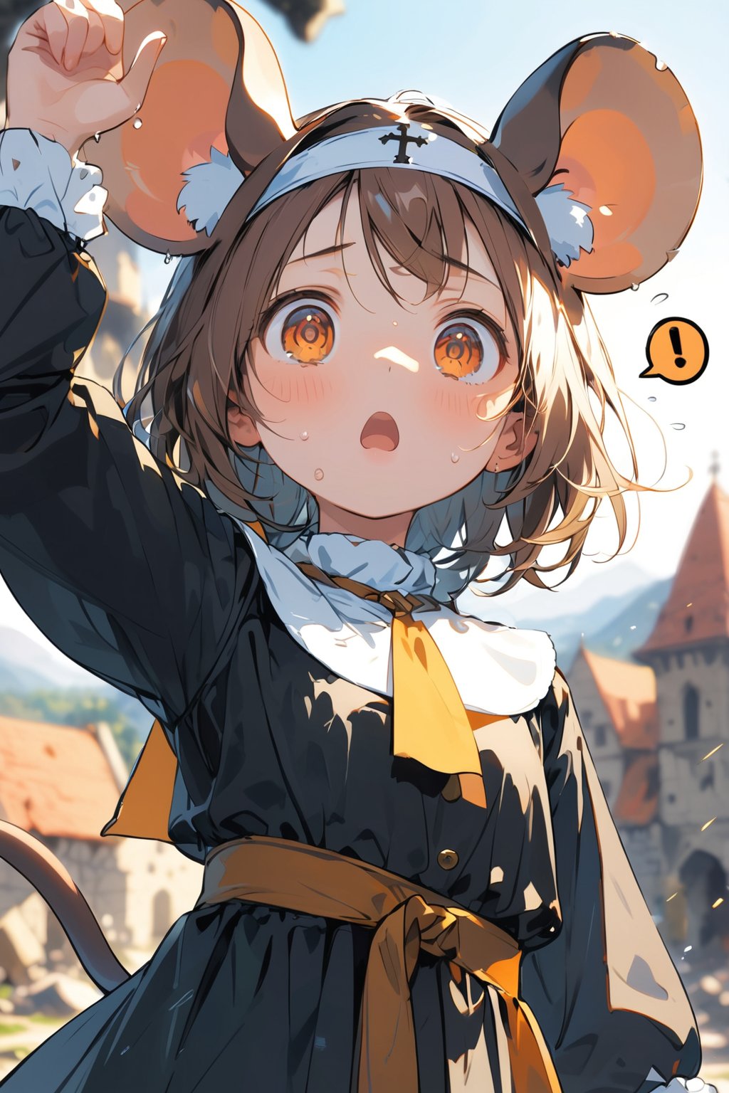 //quality, masterpiece:1.4, detailed:1.4,best quality:1.4,//,1girl,(solo),loli,//, brown mouse_ears,mouse_tail,animal ear fluff, medium hair, brown hair, detailed eyes, orange eyes,//,(black nun costume),long sleeves,//,sweat_drop,sweaty,(wide-eyed),shocked_eyes,(constricted pupils), shocked,:o, (close-up portrait),arm_up, arm_raised, straight-on,(spoken_exclamation_mark),!,//,blue shy, medieval,destruction,(blurry background),