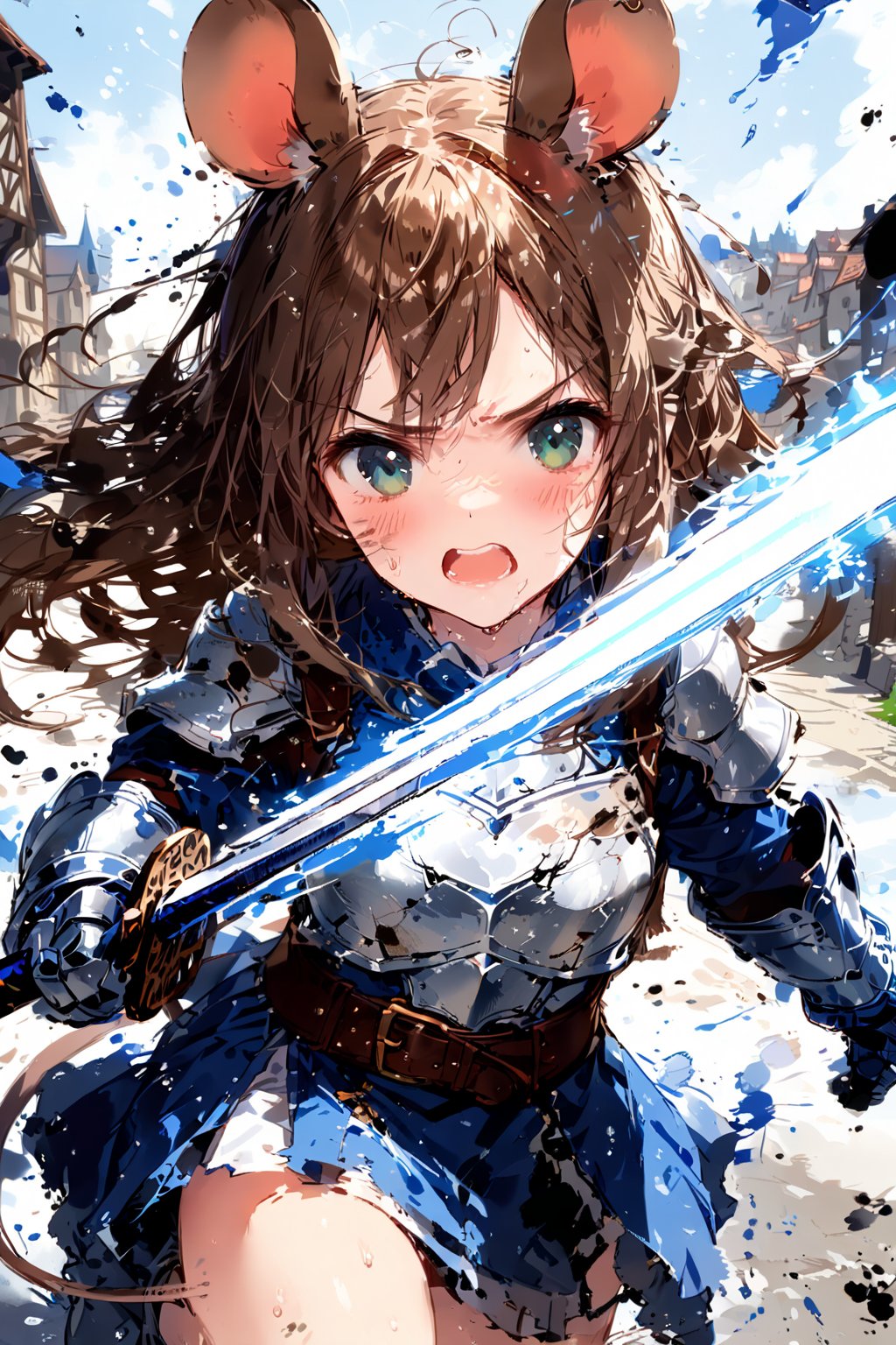 //quality, masterpiece:1.4, detailed:1.4,best quality:1.4,//,1girl,solo,mouse girl,knight,//,brown mouse ears, animal ear fluff, brown mouse tail,brown hair,long hair, messy hair, green eyes,//,white armor, cracked armor, broken armor,leather belt,gauntlets,thigh,//,dirty face, injured,wounded face,sweaty,angry,blush,serious,mouth open, screaming,//,((hands holding sword)),magic sword,light particles,(glowing sword),blue glowing sword,arm up,battle,(((girl running))),//,motion blur,blurry background,motion line,motion effect,close-up,upper body,blue sky,smoke surrounding the girl,smoke background, medieval town, simple background,flying debris,ink,smoke,blue ink smoke,ink smoke background,ink paint,