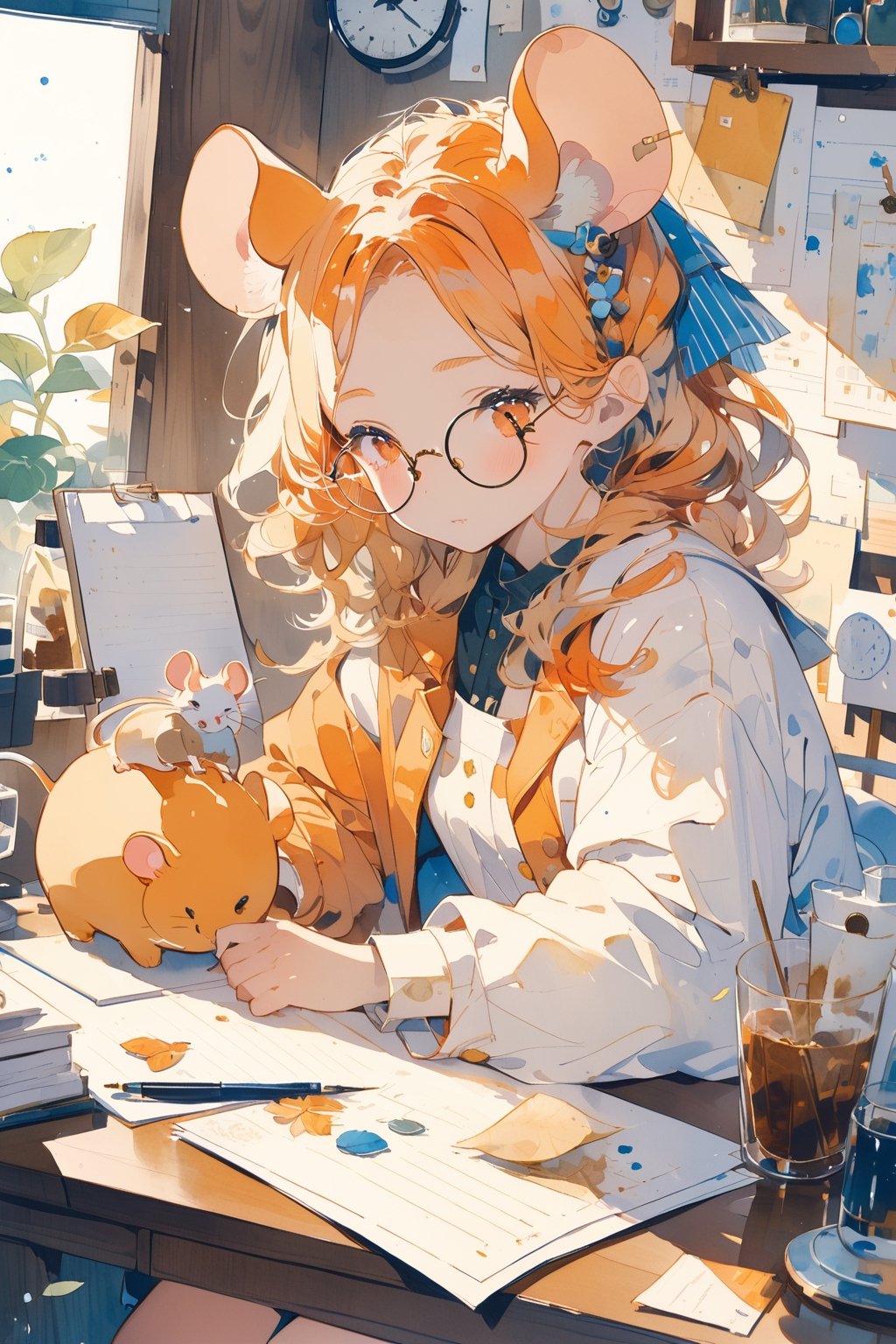 //quality, (masterpiece:1.331), (detailed), ((,best quality,)),//,(1girl),solo,(loli),watercolor_(art),//,(mouse_ears:1.3),(orange_hair:1.3),hairstyle, ((short ponytail)),sidelocks, (light orange eyes), detailed eyes,flat_chest,//,hair_accessories,accessories,(round eyewear:1.2),scientist,white lab coat,//sleepy,//,sitting,paperwork,(coffee),//indoor, leaf, desk, papers,aesthetic,watercolor \(medium\)