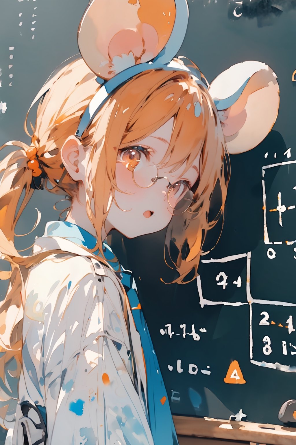 //quality, (masterpiece:1.331), (detailed), ((,best quality,)),//,(1girl),solo,(loli:1.3),(cute:1.3),watercolor_(art), close_up portrait,//,(mouse_ears:1.3),(orange_hair:1.3),hairstyle, long ponytail:1.3),sidelocks, (light orange eyes), detailed eyes,//,hair_accessories,accessories,(round glasses:1.3),scientist,white lab coat,//,mouth_open,//, speaking_to_viewer,//,(large blackboard :1.3),(background of large blackboard with maths formula:1.2),aesthetic,watercolor \(medium\),((from_side)),emo