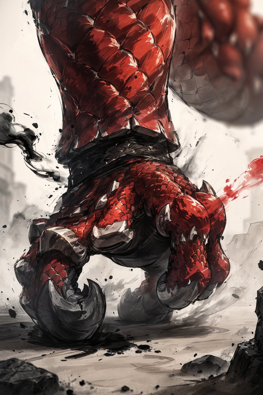 //quality, masterpiece:1.4, detailed:1.4,best quality:1.4,//,DRG,focus on leg on ground,red dragon_scale, dragon claw focus, blurry_background,dust,dust effect ,ink,smoke,ink smoke,red ink smoke background,stone ground