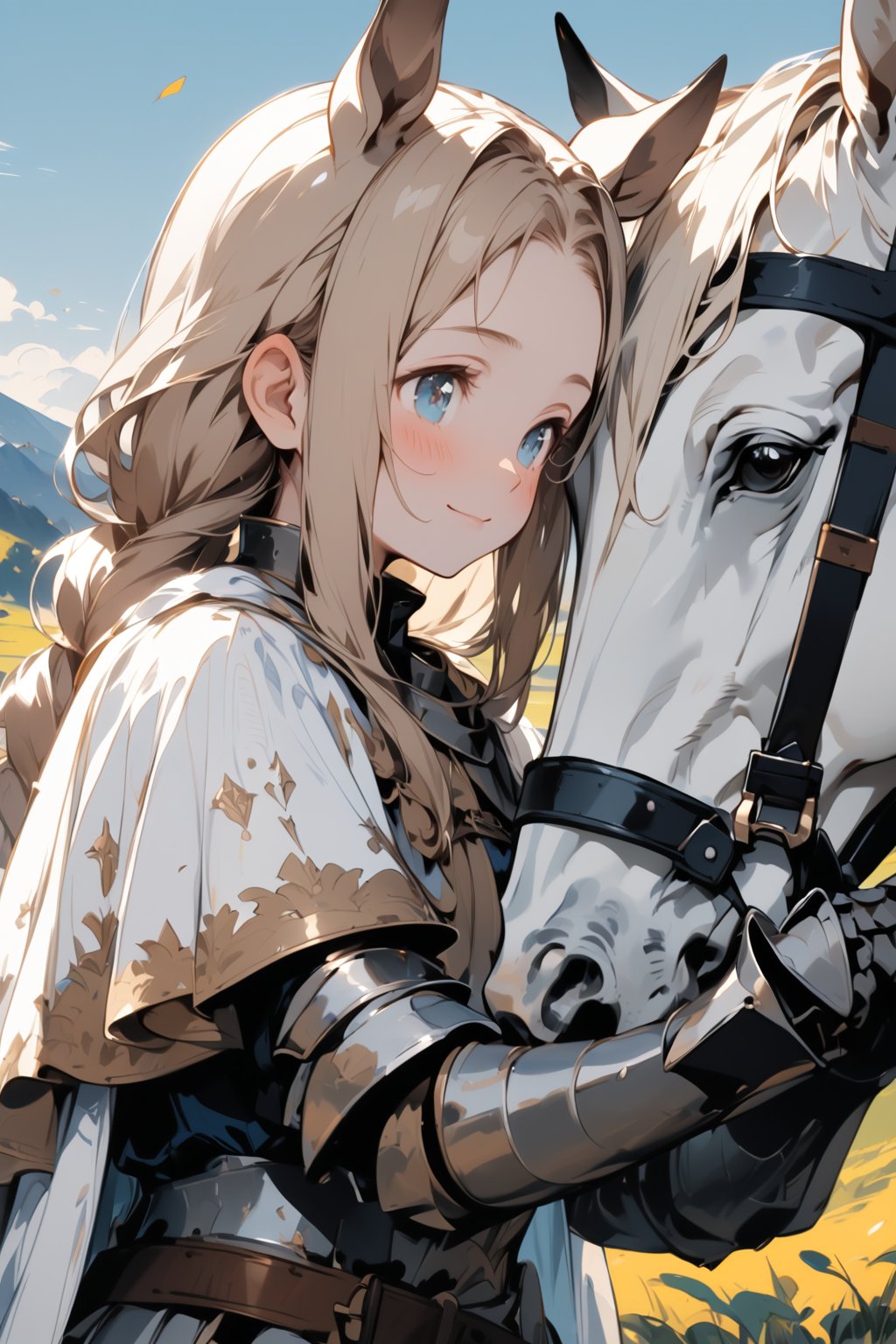 //quality, masterpiece:1.4, detailed:1.4,best quality:1.4,//,1girl,solo,royal knight,//,blonde_hair:1.3, long hair,(single braid),horse_ears,forehead,horse_tail, detailed eyes, blue eyes,//,detailed white armor,white cloak,gauntlets,leather_belt,//,blush,light smile, closed_mouth,//, white horse,close-up shot of girl touching a white horse, touching horse, ,//,nature,blue sky, mountains,Medieval,