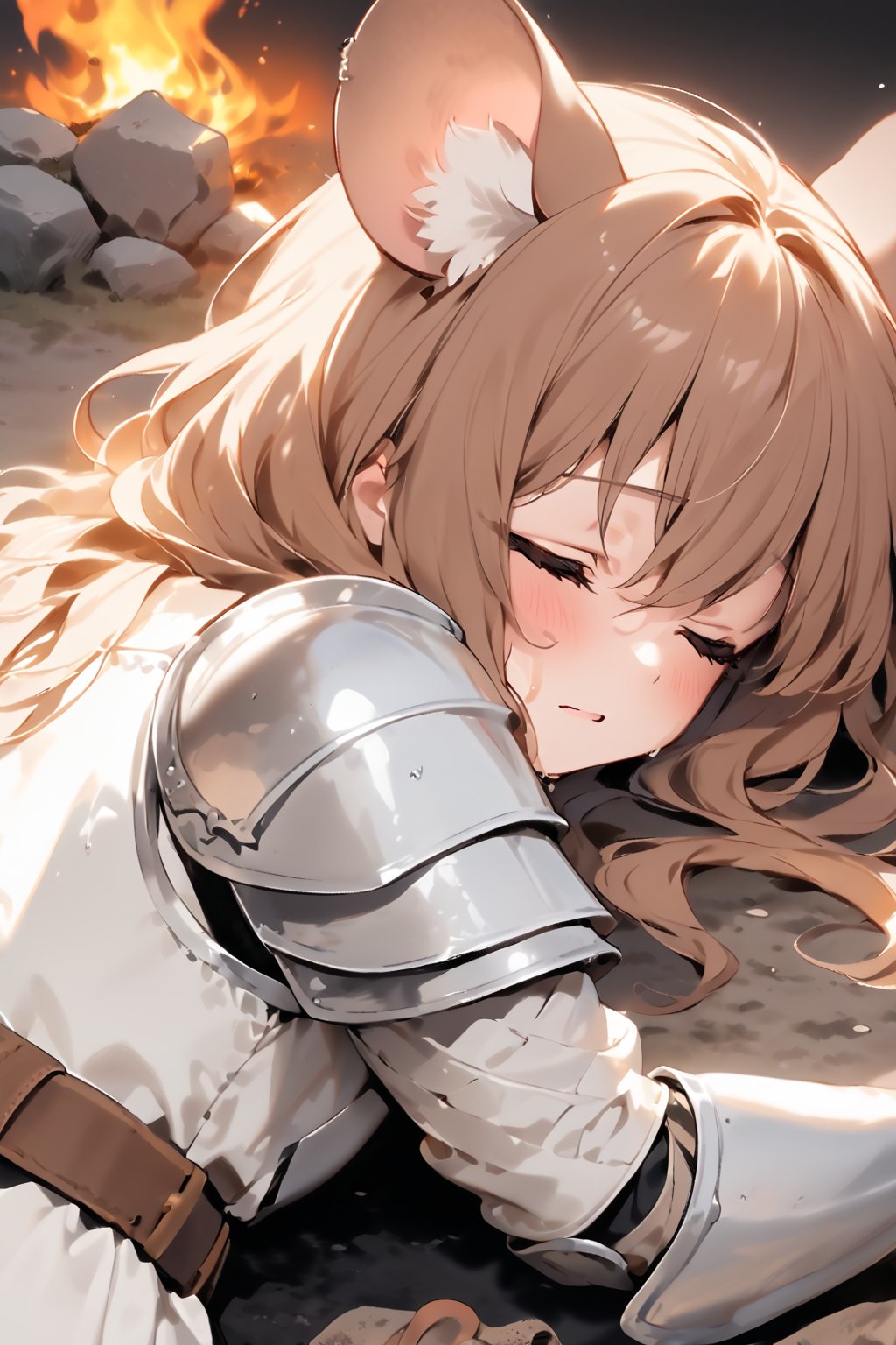 //quality, masterpiece:1.4, detailed:1.4,best quality:1.4,//,1girl,solo,mouse girl,knight,//,brown mouse ears, animal ear fluff, brown mouse tail,brown hair,long hair, messy hair,//,white armor, cracked armor, broken armor,leather belt,gauntlets,//, (dirt),,dirt face injured,wounded face,hair covering eyes,(closed_eyes),hurt, painful expression, sweaty,//,lying down on stomach,on ground,(view from behind),close-up portrait,//,stone road, Europe medieval,from_above, black background ,fire,flame ,dust,dust effect,smoke, steaming body,ink paint