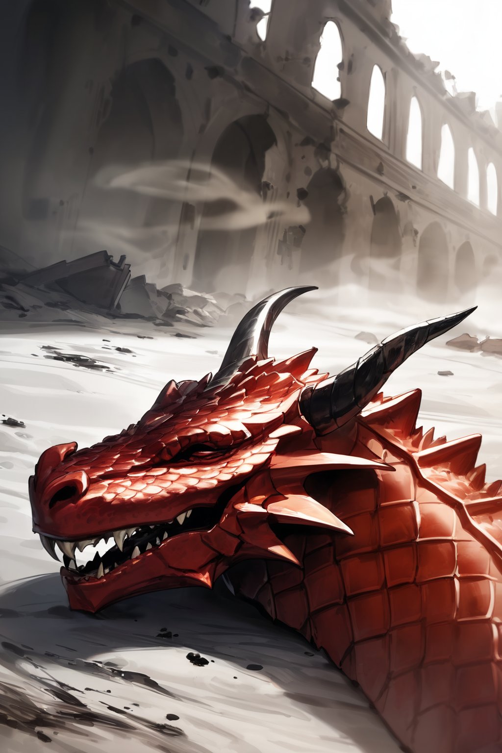 //quality, masterpiece:1.4, detailed:1.4,best quality:1.4,//,Europe dragon,evil dragon,realistic dragon,(((red dragon))),dargon tail,red skin,(red dragon scales),all fours,dragon horns,no humans,(closed eyes),fangs,mouth_closed,lying down on ground, from above,dust,dust effect,dirt,dust raised in air,smoke,//,simple background,destruction,destroyed buildings,fire,medieval town,DRG,red smoke,ink smoke,ink smoke background,((close-up shot to dragon head)),focus on dragon head