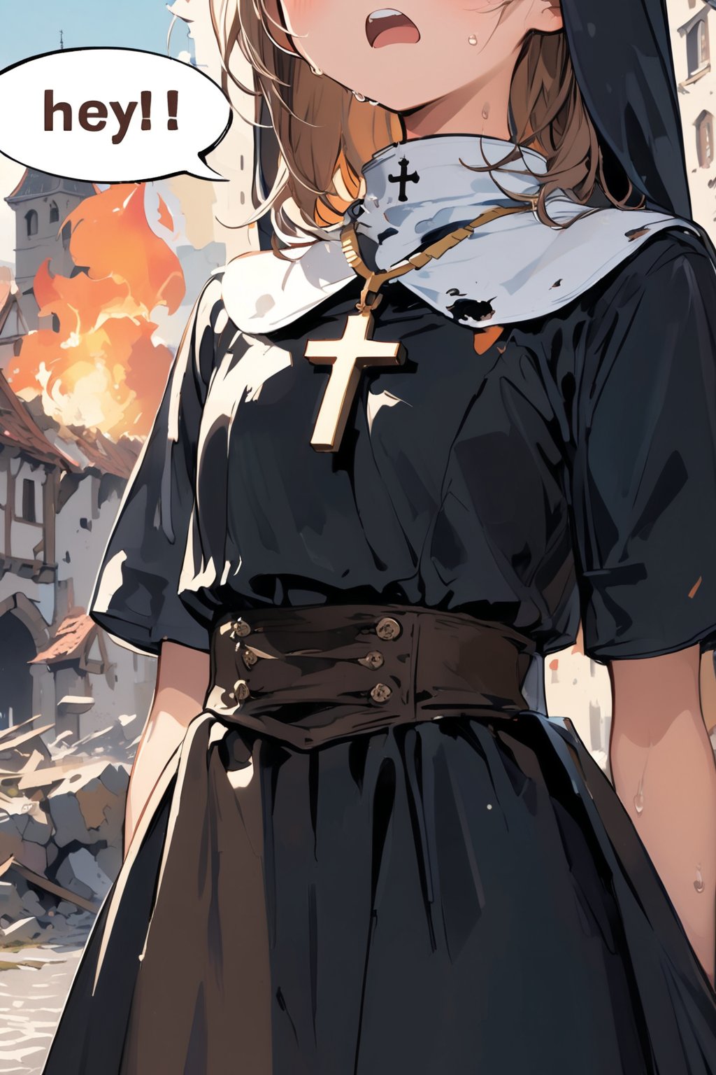 //quality, masterpiece:1.4, detailed:1.4,best quality:1.4,//,1girl,(solo),loli,//,mouse_tail, medium hair, brown hair,flat_chest,//,cross_necklace,(black nun costume),black dress,//,upper_teeth,sweat_drop,scream,mouth open,((((super close-up shot of waist and head_out_of_frame)))),hands on own chest, straight-on,(destruction), medieval town,fire, flame behind,dal-6 style, (((speech bubble with text read as "HEY!",)))