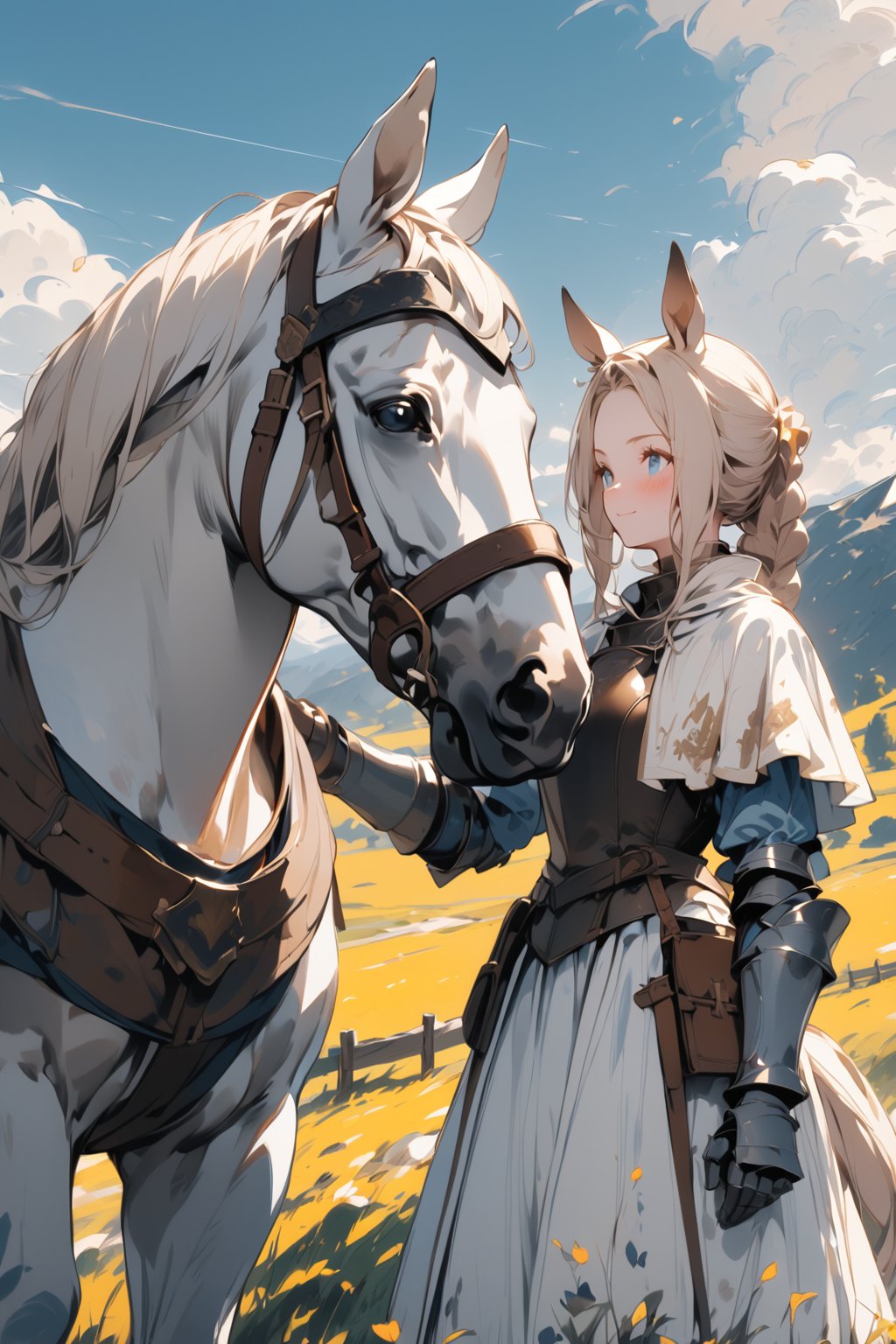 //quality, masterpiece:1.4, detailed:1.4,best quality:1.4,//,1girl,solo,royal knight,//,blonde_hair:1.3, long hair,(single braid),horse_ears,forehead,horse_tail, detailed eyes, blue eyes,//,detailed white armor,white cloak,gauntlets,leather_belt,//,blush, serious,light smile, closed_mouth,//, white horse, standing with a white horse, touching horse,//,nature,blue sky, mountains,Medieval,