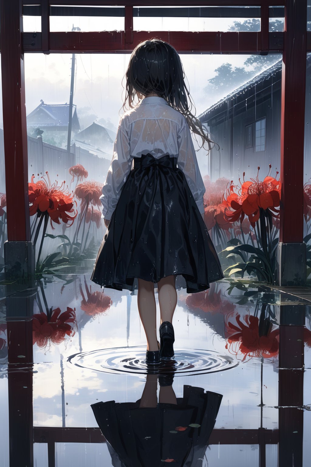 //quality, masterpiece:1.4, detailed:1.4,best quality:1.4,//(heavy raining),cloudy,scenery,fog,fence,reflection,(garden),spider lily_(flower),1girl,child,solo,(loli),(from_behind),back view,mid_shot, black_hair,long hair, straight_hair,(black dress), white long shirt,long_sleeves,black shoes,(wet),wet hair,wet clothes,walking, horror, gloomy ,Deformed