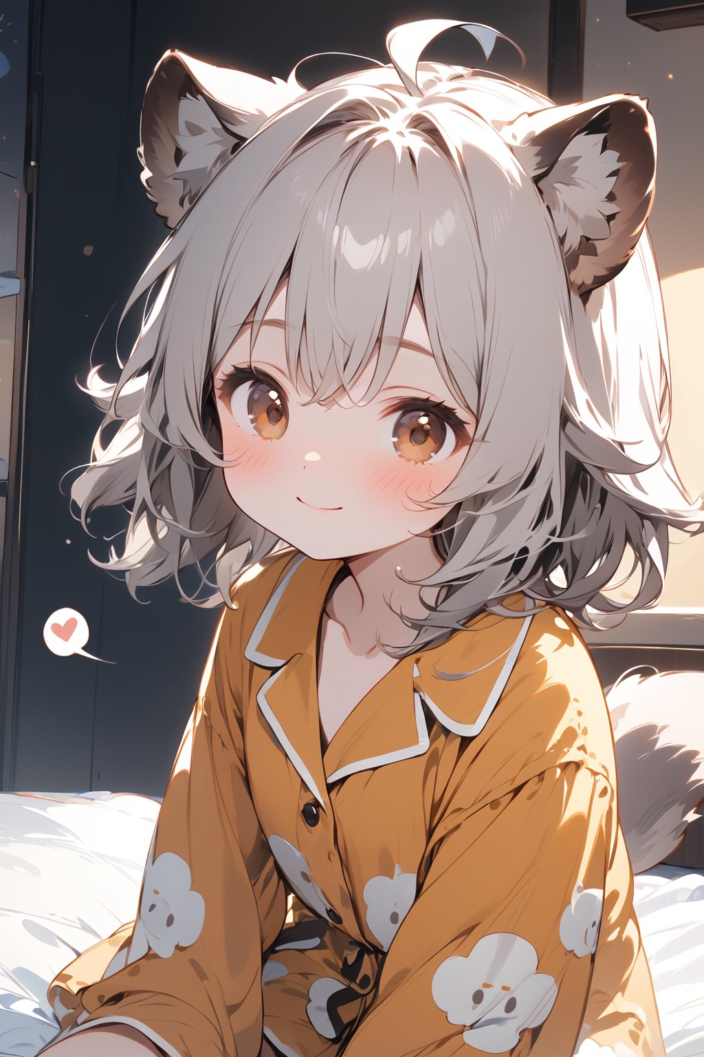 //quality, masterpiece:1.4, detailed:1.4,best quality:1.4,//,1girl,solo,//,raccoon girl,gray raccoon ears,gray raccoon tail, animal ear fluff,gray hair, messy hair,ahoge, medium hair, brown eyes,detailed eyes,//,hair_accessories,accessories,pajamas,//,blushing, smile,closed_mouth,eye_half_opened,//, sitting on bed,(spoken heart),//,indoor,dark background, bedroom,face focus,chibi,(headpat), pov hands,pov,pov girl hand, pov hand with white sleeves 