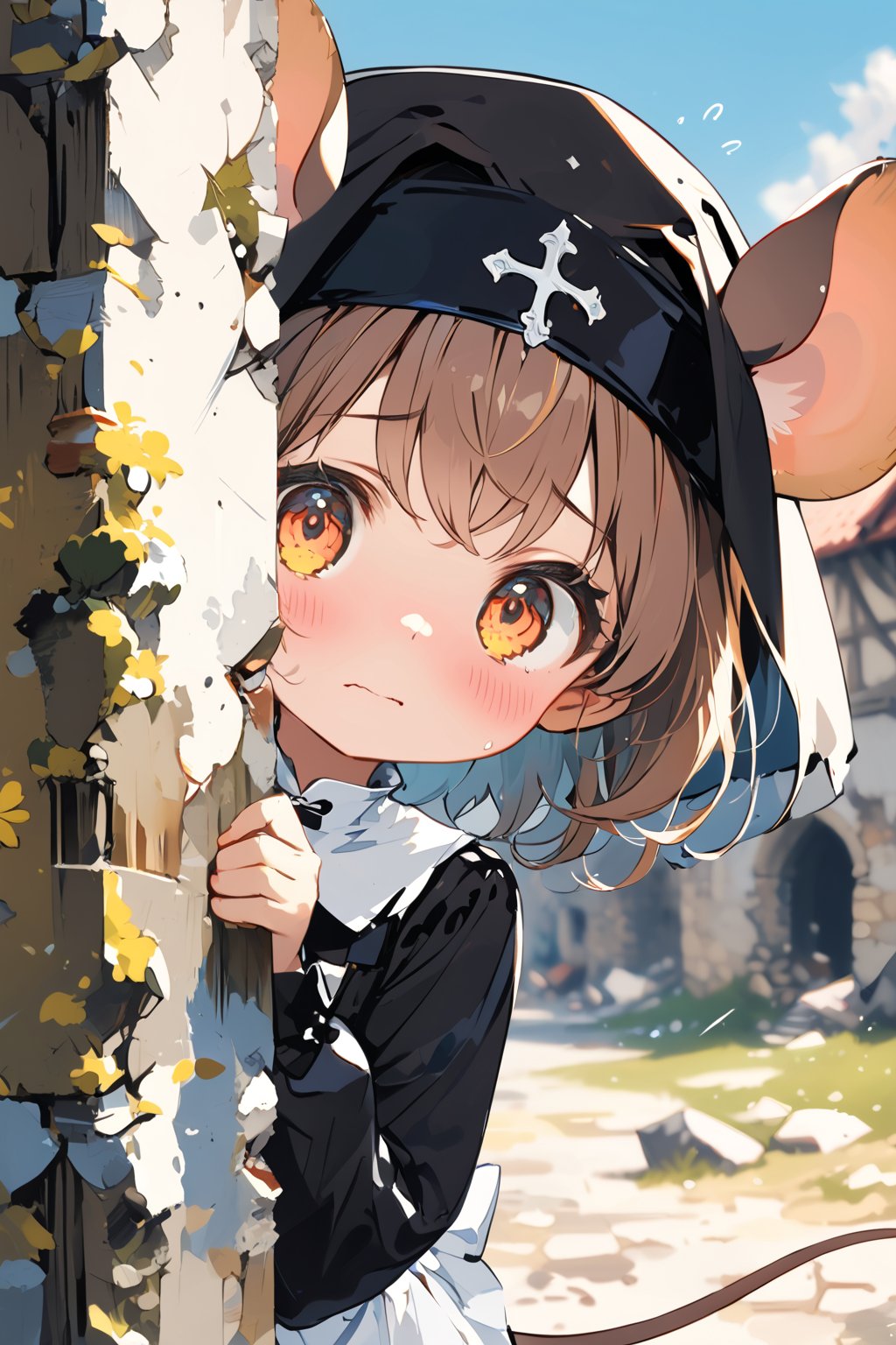 //quality, masterpiece:1.4, detailed:1.4,best quality:1.4,//,1girl,(solo),loli,//, brown mouse_ears,mouse_tail,animal ear fluff, medium hair, brown hair, orange eyes,detailed eyes,//, black nun headwear,(black nun costume),//, blush, worried,sweating,sweat_drops,looking_at_viewer,(hiding behind wall),peeking out,//, against wall, Europe medieval,destruction, destroyed building, upper body, cowboy_shot,close-up portrait, (blurry_background),(straight-on),pov,dal-6 style,peeking out upper body