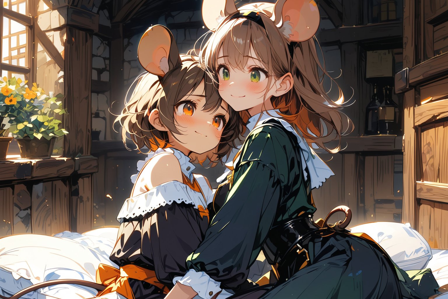 //quality, masterpiece:1.4, detailed:1.4,best quality:1.4,//,2girls,multiple girls,(hugging each other,),(looking_at_each_other),//,(brown mouse_ears),mouse_tail,animal ear fluff, (long hair), brown hair, (orange eyes),//,(black nun costume),long sleeves,//,blush,light smile, tearing up,hugging each other,//,lying on bed,close-up shot,(face focus),upper body,dal-6 style,indoors,BREAK,2girls,multiple girls,//,(brown mouse ears),(short hair), messy hair, brown hair,green eyes,//,smile,//,medieval clothing,off-shoulder long dress,hugging each other, from side,medieval room