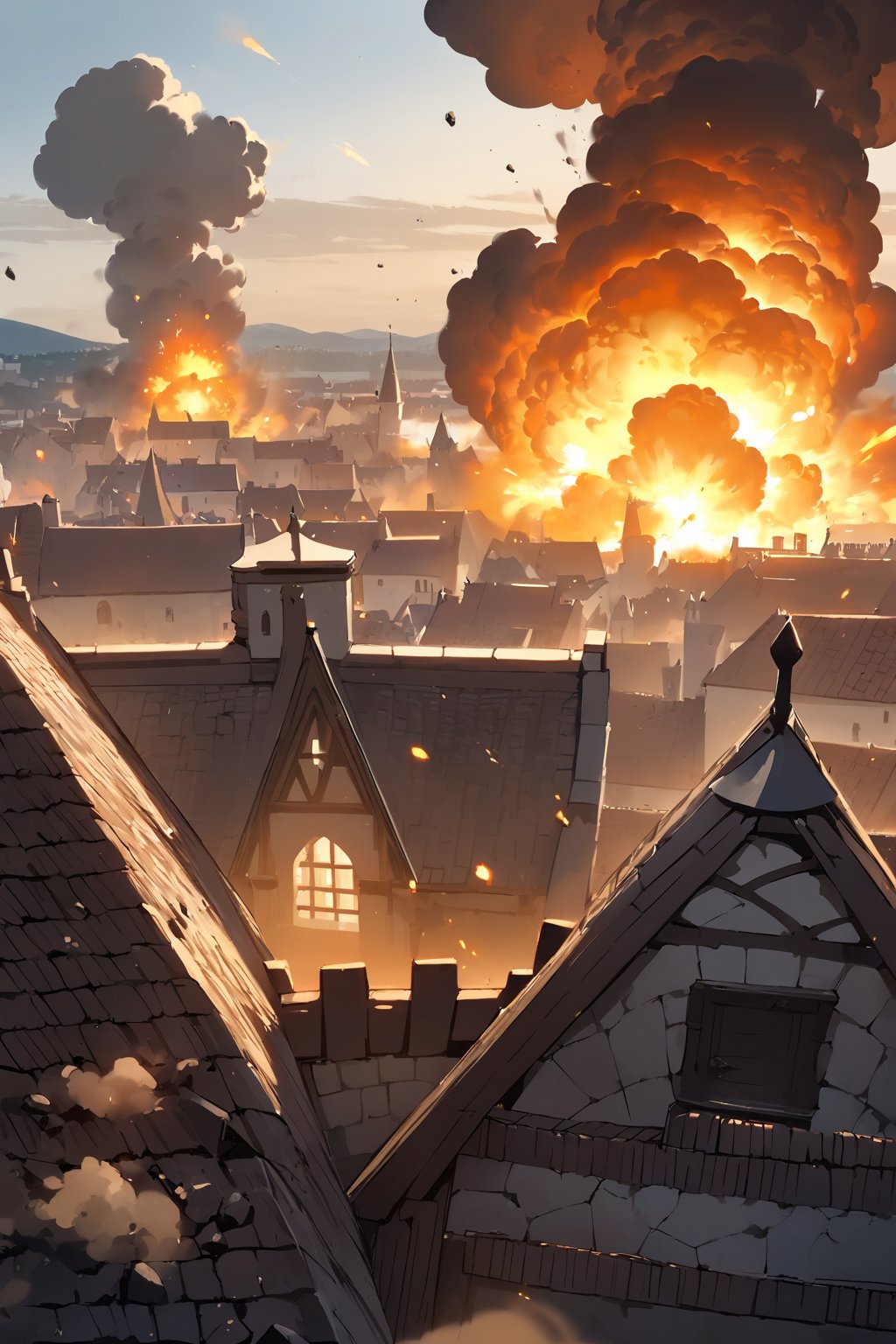 //quality, masterpiece:1.4, detailed:1.4,best quality:1.4,//,rooftop,medieval town,flying debris,explosion,dust,dust effect,smoke,Explosion Artstyle