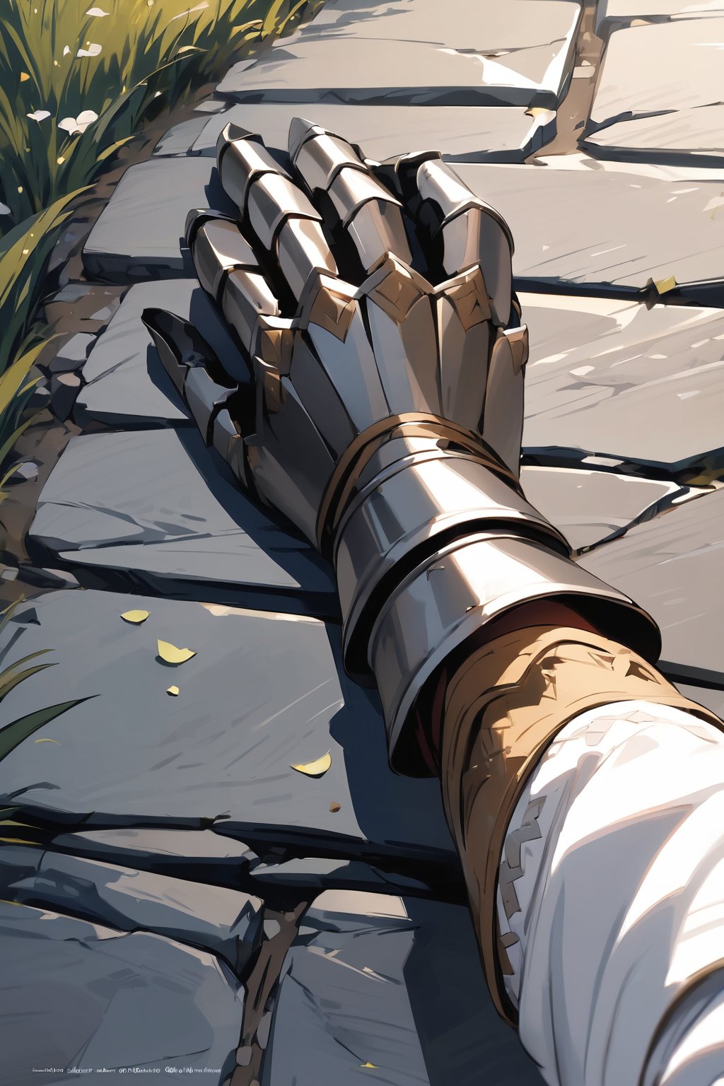 //quality, masterpiece:1.4, detailed:1.4,best quality:1.4,//,pov,pov hand on ground, white sleeves,gauntlets,//,stone road, Europe medieval,from_above,