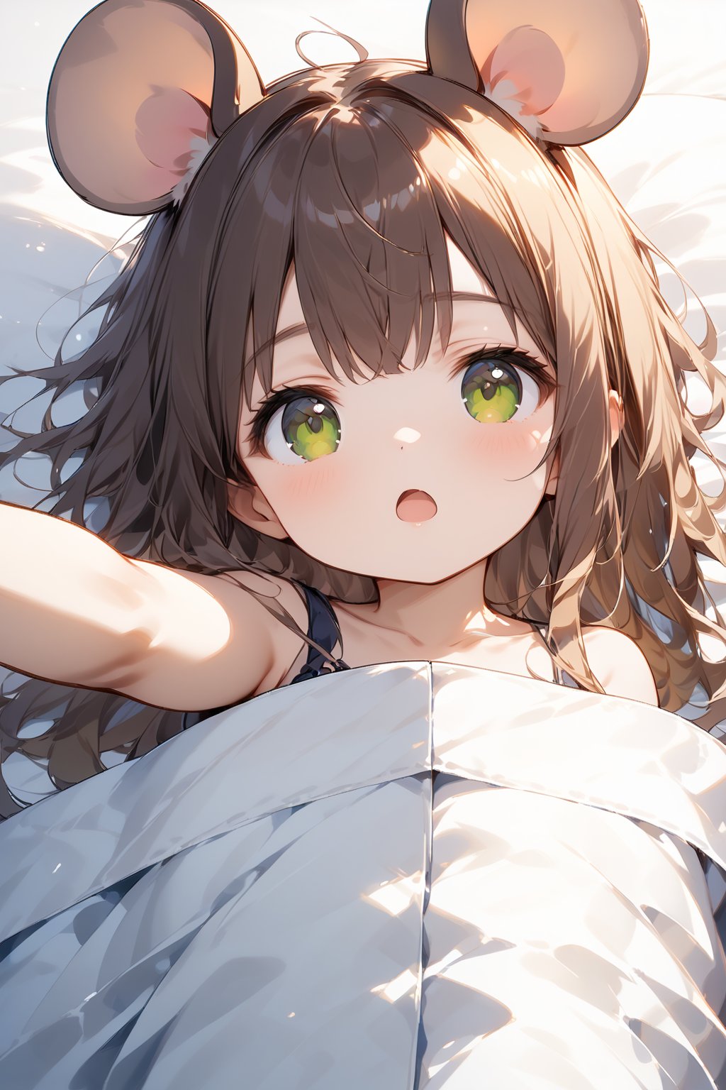 //quality, masterpiece:1.4, detailed:1.4,best quality:1.4,//,1girl,solo,loli,//,mouse ears, long hair, messy hair, brown hair,//,covering blanket,under blanket,//,(eyes),green eyes,surprised,((mouth opened)),(sleepy),close up,upper body,aerial view,from above, upper body, straight-on, (one arm up),((arm_outstretched)),lying down,(on bed),blanket,opened mouth,indoors, pillow, under covers,(medieval),pov girl hand, pov hands, solo focus,holding hands, ou