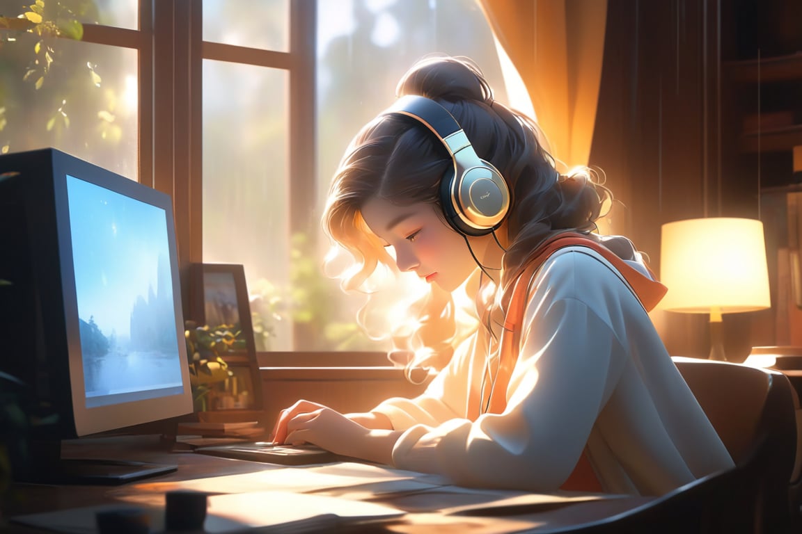 A studious girl, huddled at her desk amidst a cozy study nook, enveloped by the warm glow of retro headphones and the soft, dim light of the rain-soaked window behind her. The low-light composition frames the scene with the window's silhouette, emphasizing her focus and creating depth. In this photorealistic concept art, soft natural volumetric cinematic perfect light bathes the niji-style illustration, showcasing breathtaking beauty, textures, and realistic details in stunning 8K UHD.