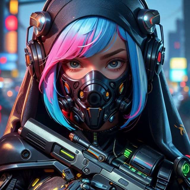 Close-up shot of a female cyborg, Bob-Cut hair vibrant with colorful hues, framing her intense expression. A scratch mask with cat-ear headphones and nun headscarf adorn her face, juxtaposed with tactical armor plating and a sharp black dragon's head with neon accents. Her beautiful girl features blend seamlessly with infected machine parts. Crouched in fighting stance, she grasps a gun amidst futuristic hair infected with glowing strands, set against the blurred cityscape of a terminal station. Golden flames blaze within chromatic spots on her black eyeballs, evoking Nijistyle aesthetics within the deva battle suit's armor shell.