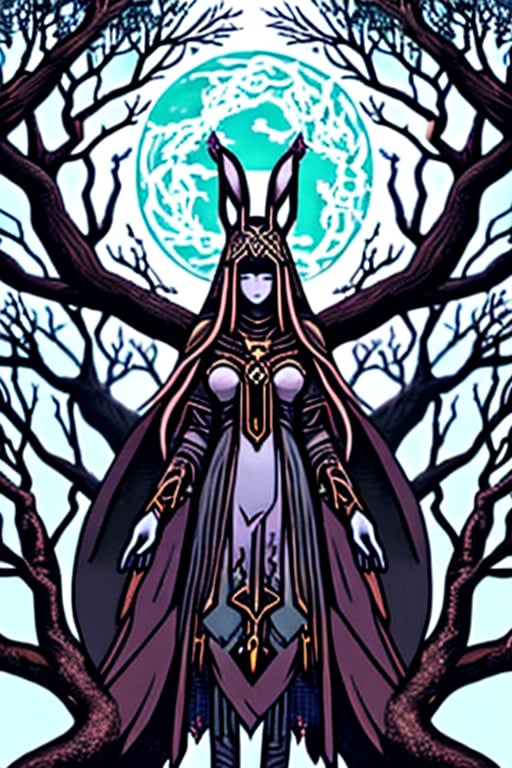 In a mystical realm, a shaman girl donning a rabbit-faced mask stands amidst a sprawling, gnarled tree with branches that seem to stretch towards the sky. Her attire blends seamlessly with the surrounding foliage, as if she's an extension of nature itself. Flat colors evoke a dreamlike quality, while the composition guides the viewer's eye through the mystical landscape.
,DonMV00d00,DonMC1rcu17Pl4n