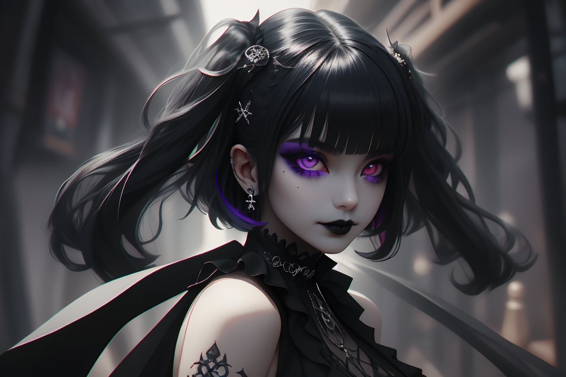 1girl, dark purple hair, glowing eyes, sharp eyes, arrogant, half smile, black lips, goth makeup, colorful eye shadow, wearing stylish clothes, fantasy detailed background, detailed body, detailed face, detailed eyes