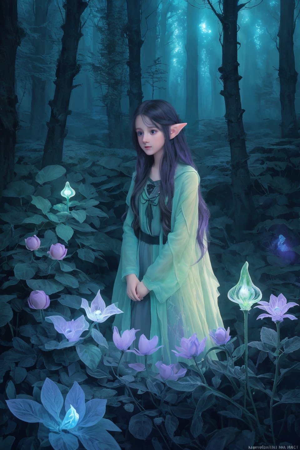 Ultra detailed illustration of a elf lost in a magical world full of wonders forest, unique luminous flora, highly detailed, pastel colors,  digital art, art by Mschiffer, night, dark, grey bioluminescence, darkness background, 1girl