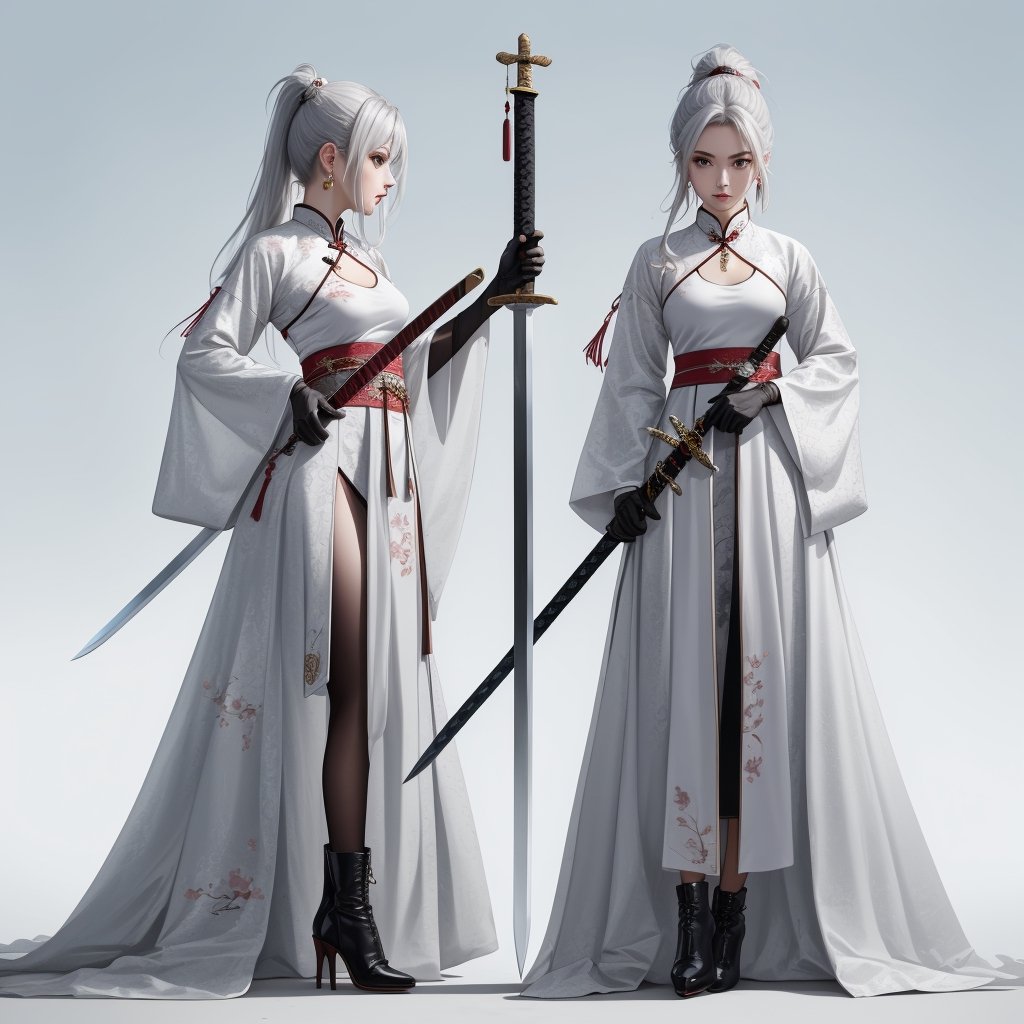 1girl, solo, simple background, gloves, long sleeves, Great sword, long sword, chinese traditional dress, jewelry, standing, full body, weapon, silver hair, earrings, black gloves, high pony tail, black footwear, high heels, from side, profile, makeup, high heel boots, sword stuck in the ground, hands hold the sword hilt in front of her chest, long skirt,Fashion cheongsam, HanFu,jianxian