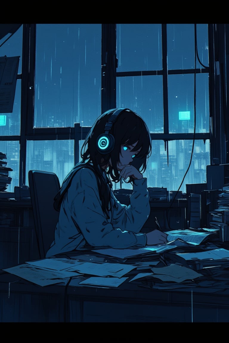 A lone figure sits at a cluttered study table on a rainy day, surrounded by books and papers. Her focus is solely on the task at hand, her eyes intensely studying as she wears headphones with neon outlines. The window behind her is partially obscured by rain-soaked panes, casting an eerie glow over the scene. In this dimly lit flat design, EpicArt masterfully captures the quiet intensity of a studious mind.