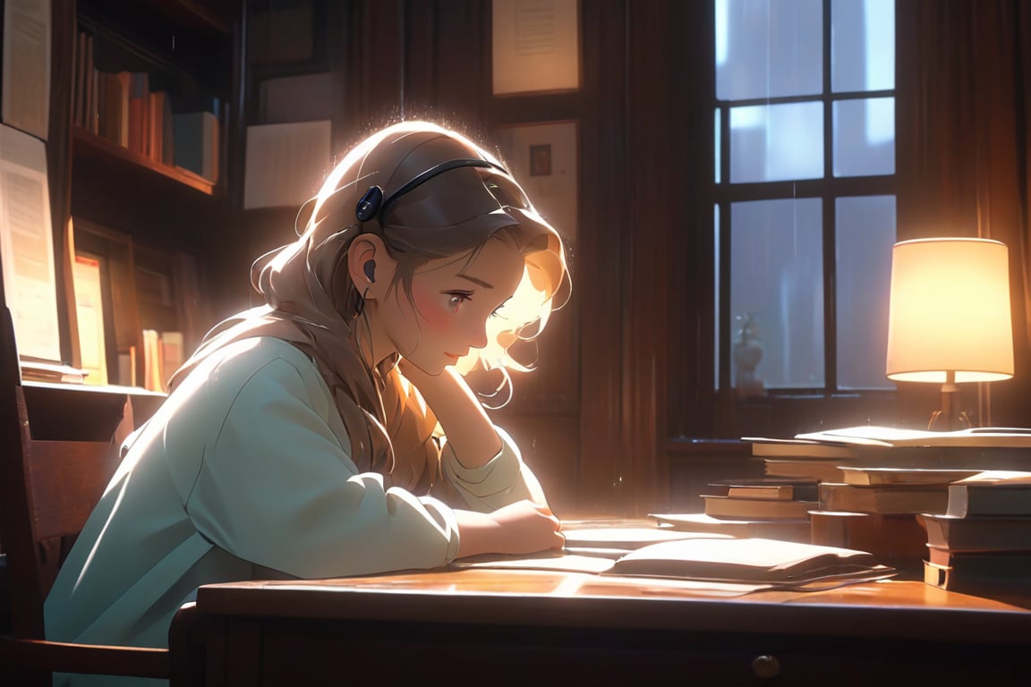 A studious girl sits huddled at her desk amidst a cozy study nook, framed by the silhouette of rain-soaked windows. Soft, dim light casts a warm glow on her face as she focuses intently on her studies. Retro headphones wrap around her ears, emitting a soft, dull luminescence. The room is bathed in gentle, natural light, with subtle texture and depth achieved through the use of volumetric cinematic lighting. In the background, a hint of rain-soaked cityscape can be seen, adding to the cozy atmosphere.