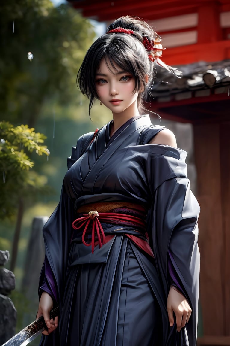 Realistic 8K 60fps, character photos, raindrops, Japanese-style red tattoos, kabuki banshee wearing Japanese new fashion dress with gentle gestures, Japanese-style long-haired demon girl Bonan kabuki, holding a giant sword, ancient giant demon background. off shoulder, kimono,kabukimono