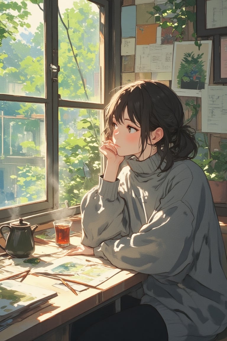 A melancholic masterpiece unfolds in a serene 8K photorealistic concept art. A girl sits pensively,  holding her chin and...