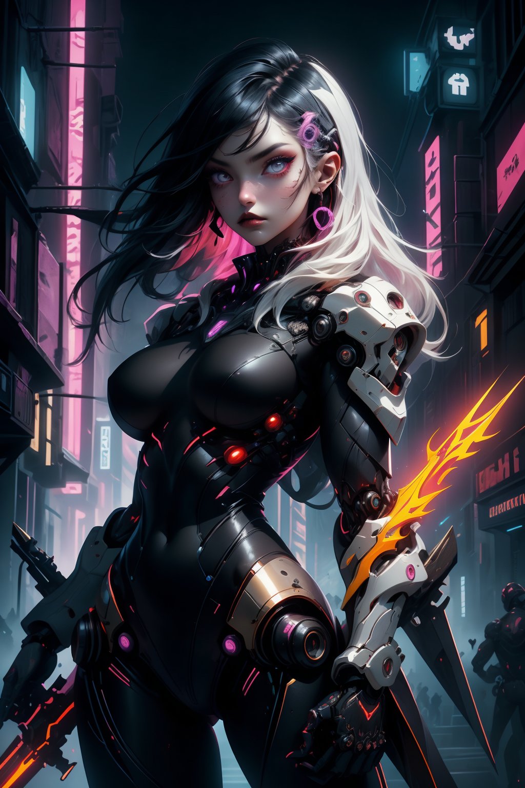 A beautiful punk girl with glowing purple eyes, in a hollow pale orange mecha bodysuit with black glass panels, brass accents and neon tubes. She has a black undercut. She is holding a spear made of neon tubing in both hands, raised in a defensive pose. Defiant look, Fit body, large natural breasts. A dark, gotham type city with scattered lit neon signs in the background. Dark midnight sky. (masterpiece, best quality, ultra-detailed, photography, realistic, 8K) bodysuit,Masterpiece,robot,roblit,glowing,Makeup, neon, Color magic, High detailed ,Mecha,red and black,cowboy shot, dutch shot,