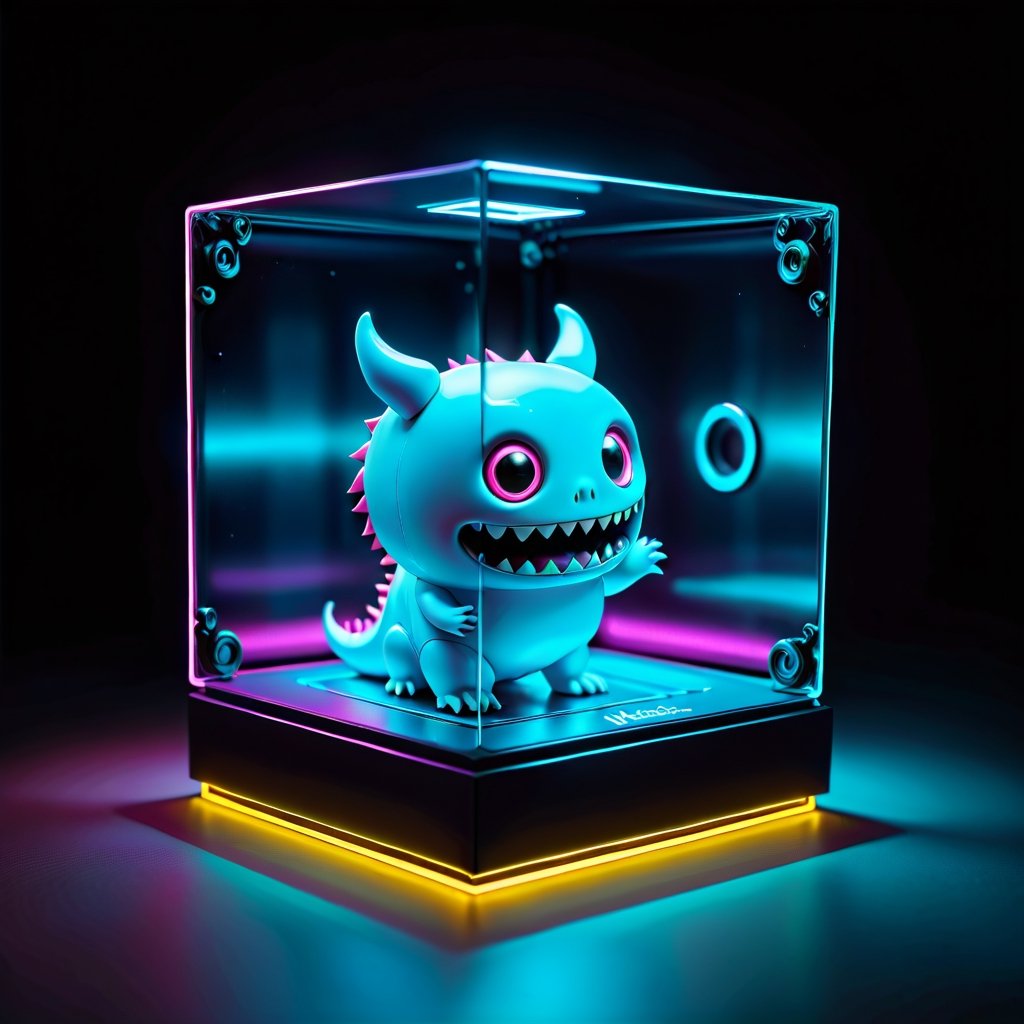 A true-to-life 3D holographic image of the Instagram logo, housed in a large transparent square display box. The interior contains a QR code with the number of followers and friends and a 3D gold stamp of the user name <Kakashi Li> This holographic image is set in the center of a glass square, presenting a modern Instagram element and atmosphere. There is a micro designed cute monster in the scene, coloreful neon on the edge of box, minimalistic, 3d style. There are some cool accessories all around to create a stylish and magical atmosphere.,neon,Tim Burton Style