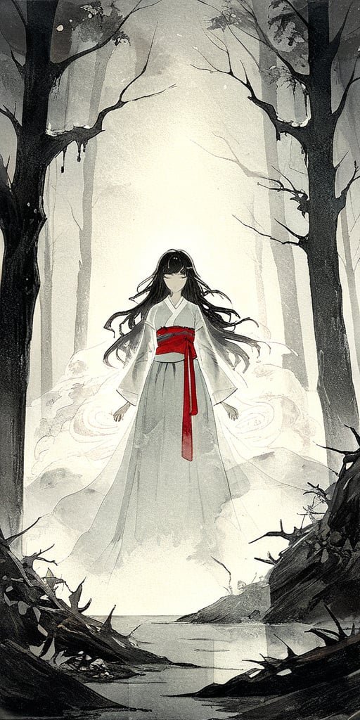 In a dimly lit, mystical forest, a faceless, towering Asian girl stands tall, her slender figure illuminated by an eerie, glowing mist. Her long, flowing hair appears to be made of dark, swirling clouds, as she confronts a horde of imaginary creatures from mythological lore. A bold, red sash wraps around her waist, symbolizing her unwavering determination and courage. The air is heavy with the scent of wet earth and decaying leaves, as if the very forest itself holds its breath in anticipation of the adventure to come.