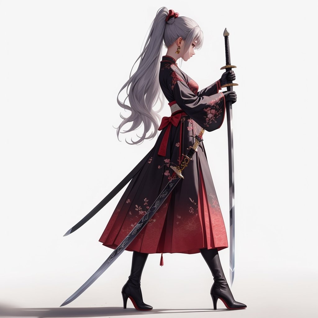 1girl, solo, simple background, gloves, long sleeves, Great sword, long sword, chinese traditional dress, jewelry, standing, full body, weapon, silver hair, earrings, black gloves, high pony tail, black footwear, high heels, from side, profile, makeup, high heel boots, sword stuck in the ground, hands hold the sword hilt in front of her chest, long skirt,Fashion cheongsam, HanFu,jianxian