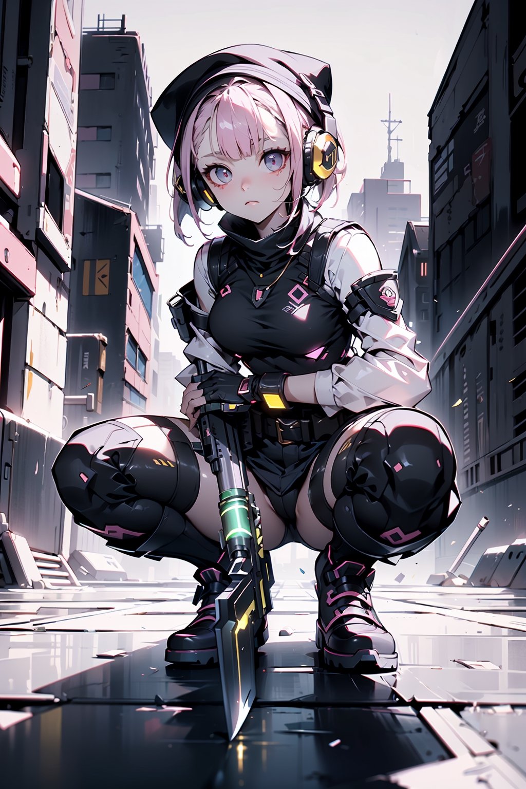 (masterpiece), science fiction, scenery,  1girl, short hair, bangs, Pink punk style armor, girl, sharp eyes, one knee on the ground, fighting crouching position, dark combat boots, purple woolen hat, headphones, carrying a sniper rifle, a knife at the waist, fingerless tactical gloves, black eyeballs and golden pupils,lucy