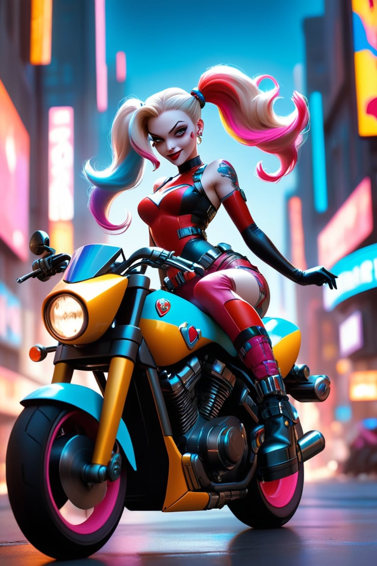 Harley Quinn, a rebellious cybernetic outlaw, sits astride her motorcycle in the heart of a futuristic city. Her back is to us, but we're drawn to the perfect eyes that seem to bore into our souls. The city's neon lights dance across her details, highlighting the sharp edges of her cybernetic enhancements. Her hourglass figure is amplified by the sleek lines of her ride, as she gazes intensely at the viewer. The dynamic pose exudes confidence and power, set against a backdrop of vibrant colors and technological wonder.
The 8K artistic photography-style illustration features breathtaking beauty, textures, and realistic details, making it a masterpiece in ultra-high definition (UHD).
photorealistic concept art, soft natural volumetric cinematic perfect light. ,niji style