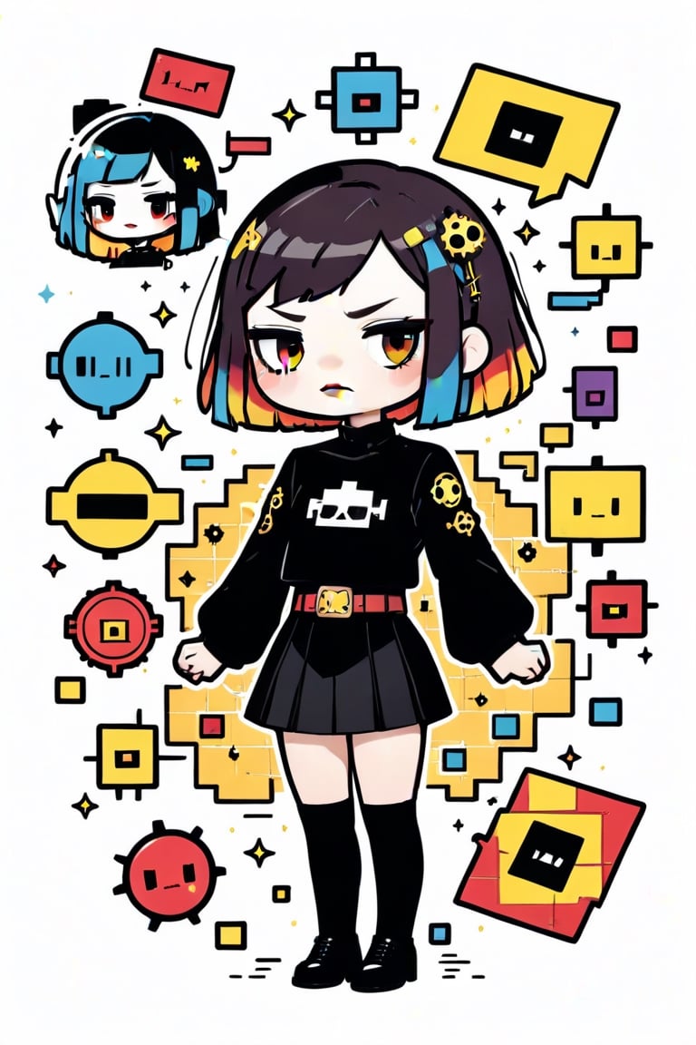 sticker design, steampunk, upper body, close eyes, white background, bob cut, short hair, multicolored hair, makeup , parted lips, black lips, eyeliner, gothic, goth girl,
her hair is styled in a bob with bangs. the tips of her hair are dyed red. sweet cartoon style

,disney pixar style,Line Chibi yellow,LIMBUSCOMPANY_Ryoshu,flat design,cute comic,anime