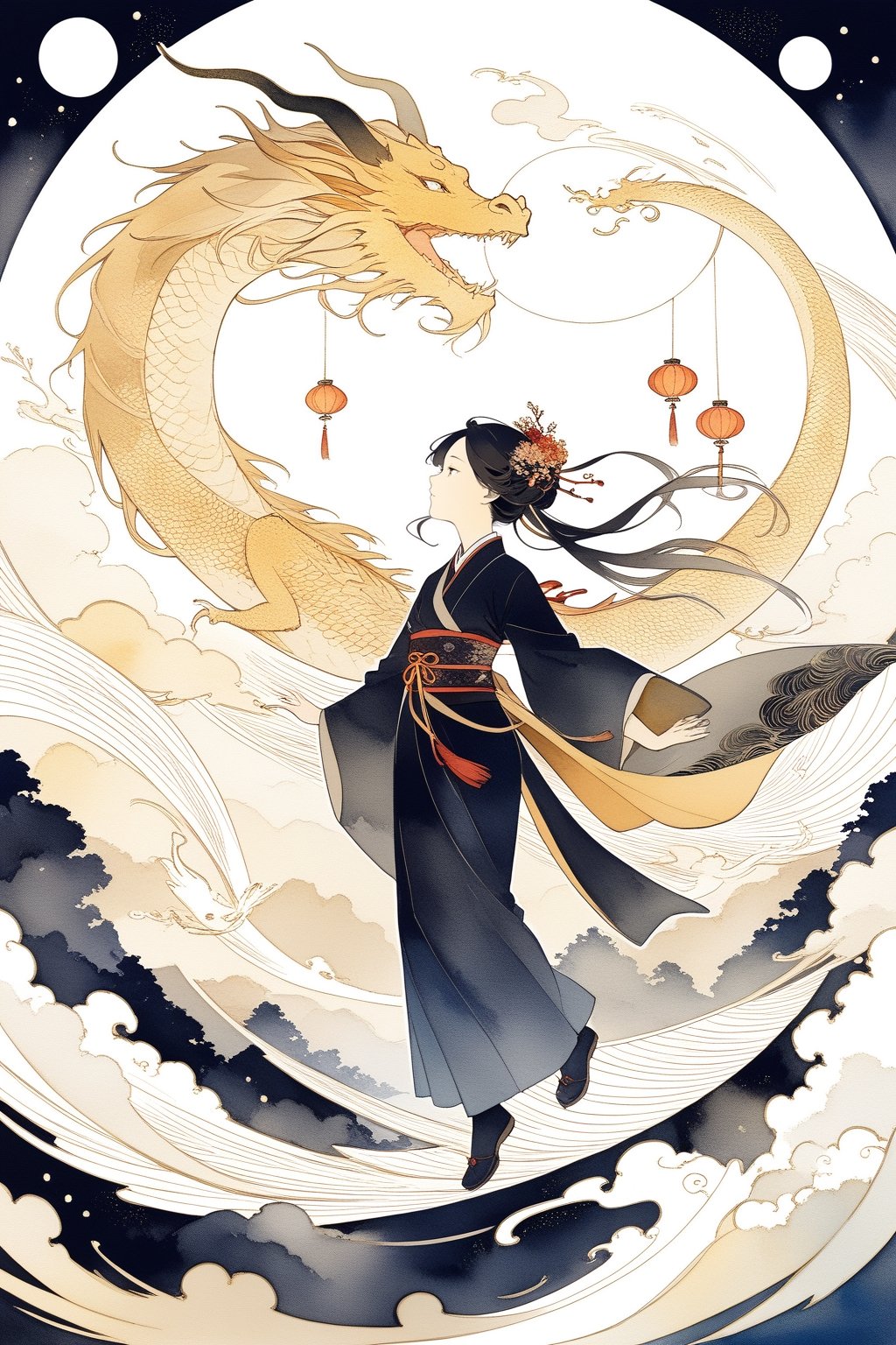 A golden silhouette of a Chinese lady in ancient costume soars in the sky. The background is the vortex of the dragon's flight traces. simple and abstract outlines of the dragon and the lady, faceless_character, japanese art, chinese ink drawing, ink , style, Watercolour, oil paint, Alphonse Mucha art style,ink scenery,papercut,lineart